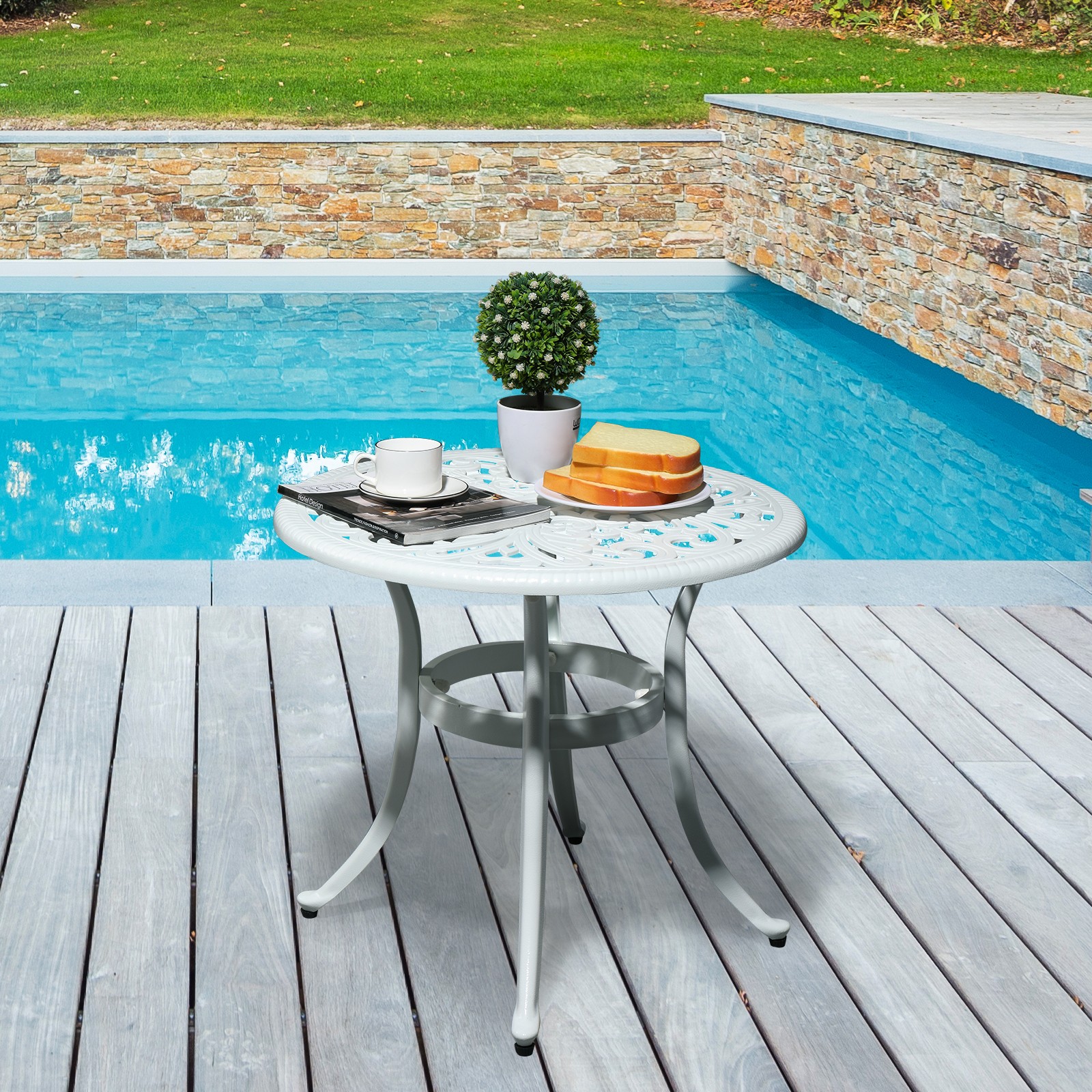 Phoenix Cast Aluminum Round Table, Patio End Table Side Table,Bar Table, White