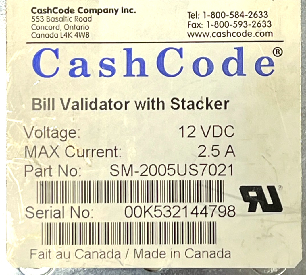 CASHCODE SM-2005US7021 BILL VALIDATOR W/STACKER 12VDC 2.5A