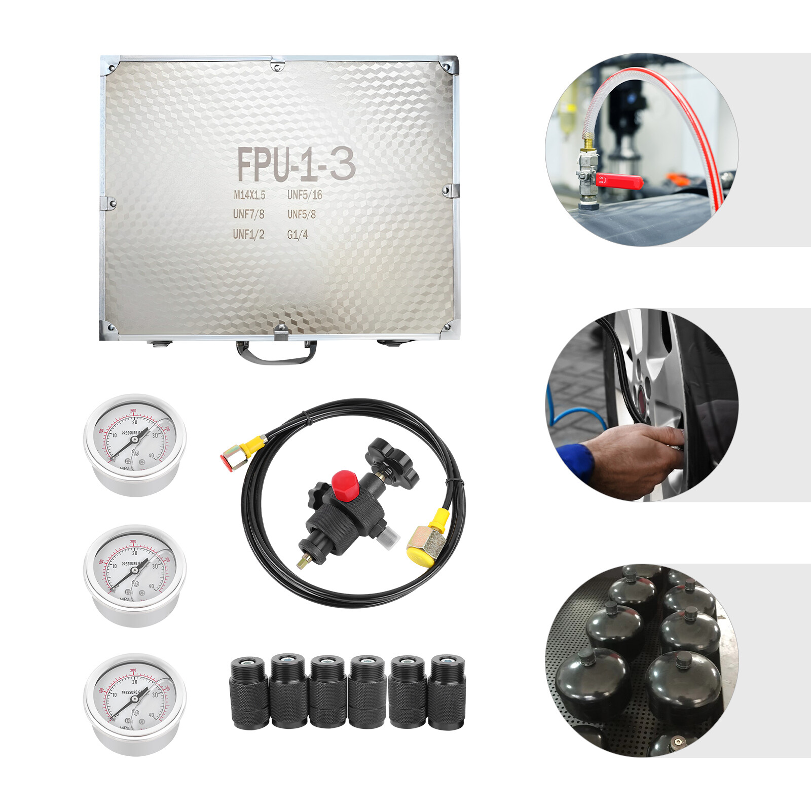 Hydraulic Accumulator Nitrogen Charging Gas Valve Fill Pressure Test 2M Hose Kit