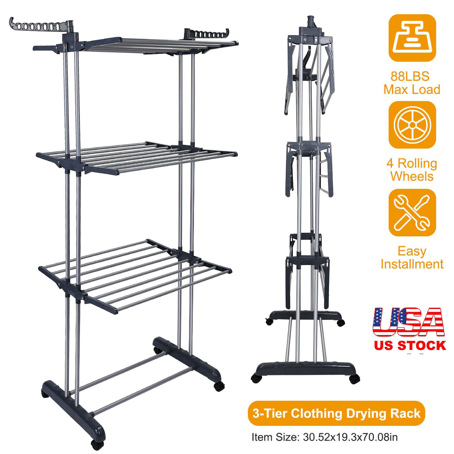 Clothes Drying Rack 3 Tier Laundry Rolling Dryer Hanger Stand Folding Organizer