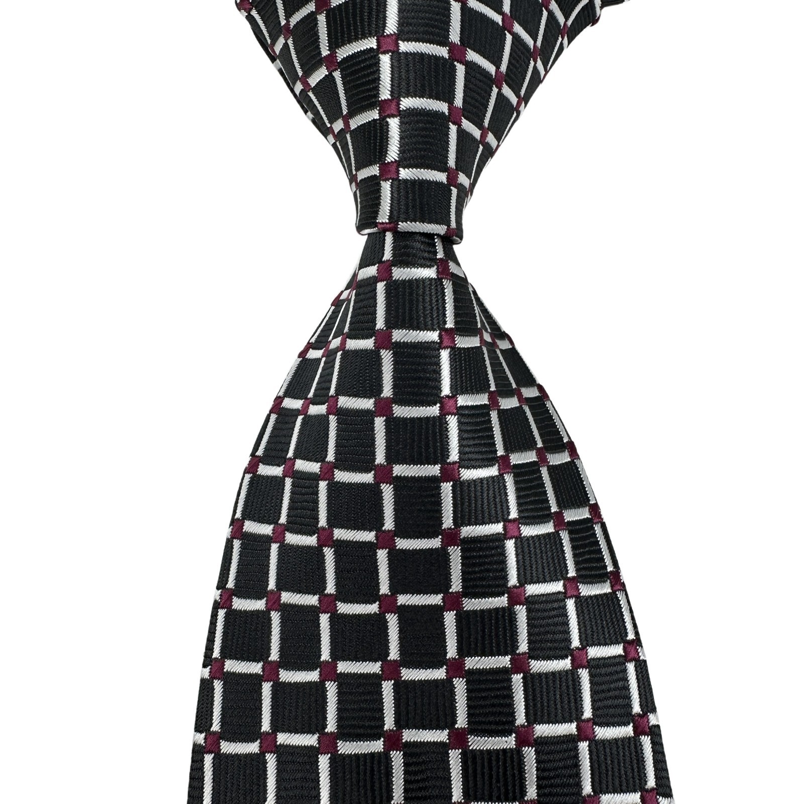 NEW Classic plaid black white dark red JACQUARD WOVEN  Silk Men's Tie Necktie