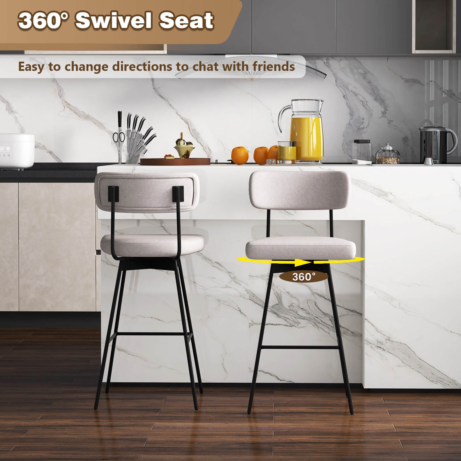 4PCS Swivel Bar Stools Bar Height Upholstered Kitchen Dining Chairs Beige