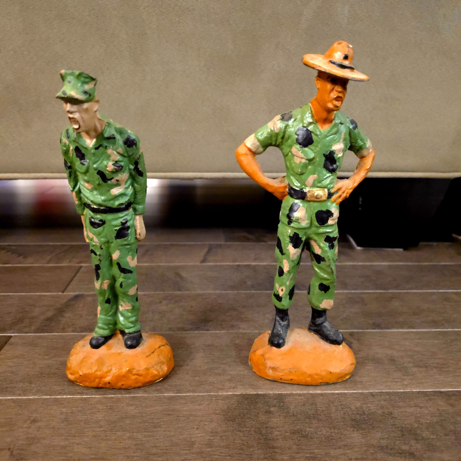 Vintage Military Drill Sergeant & Recruit Metal Figurines Pair Hand Painted