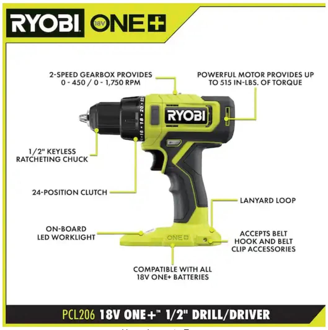 RYOBI ONE+ 18V Cordless Drill/Driver PCL206B - Tool Only