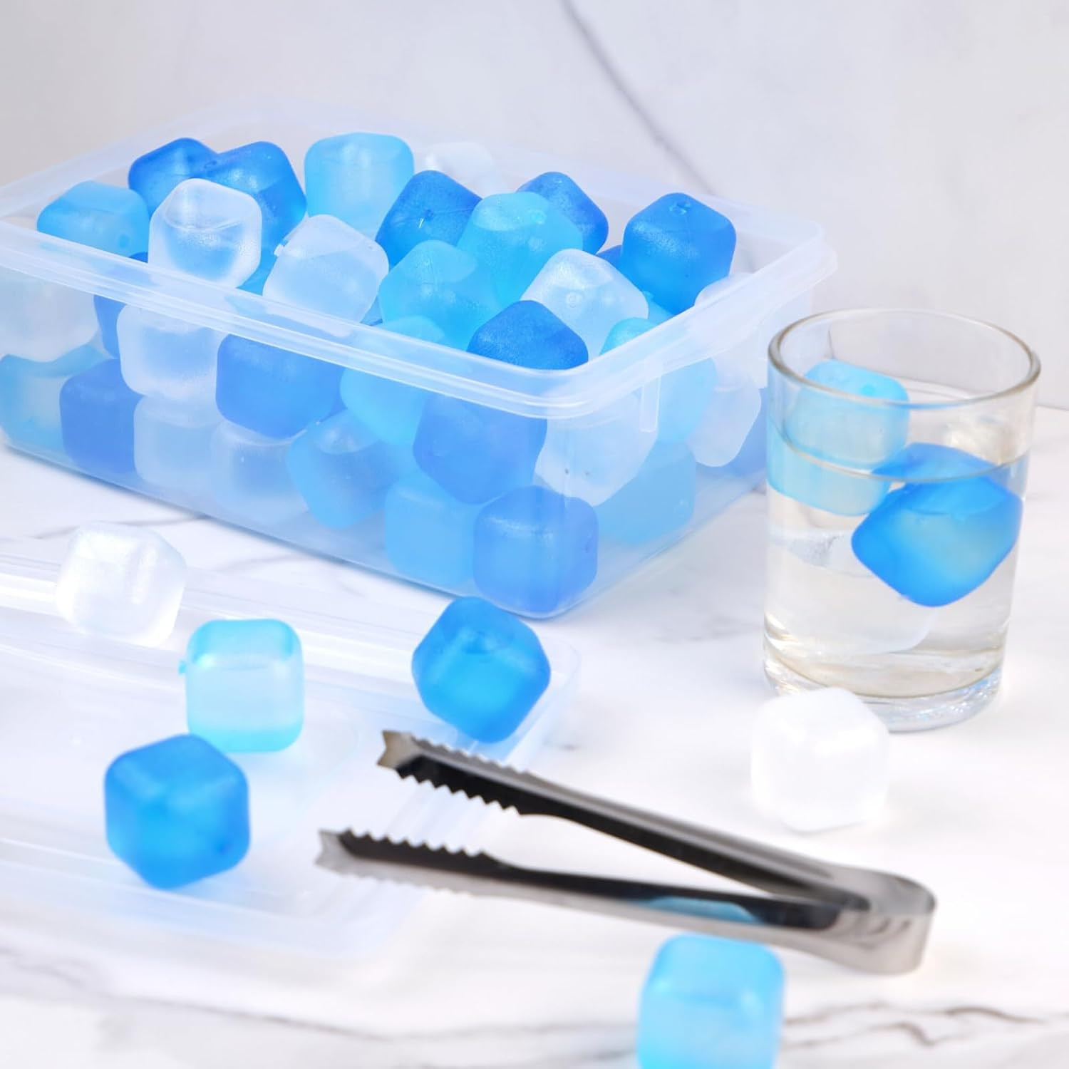 Reusable Ice Cube with Lid & Bin, 60 Pack Plastic Ice Cubes for Drinks BPA Free,