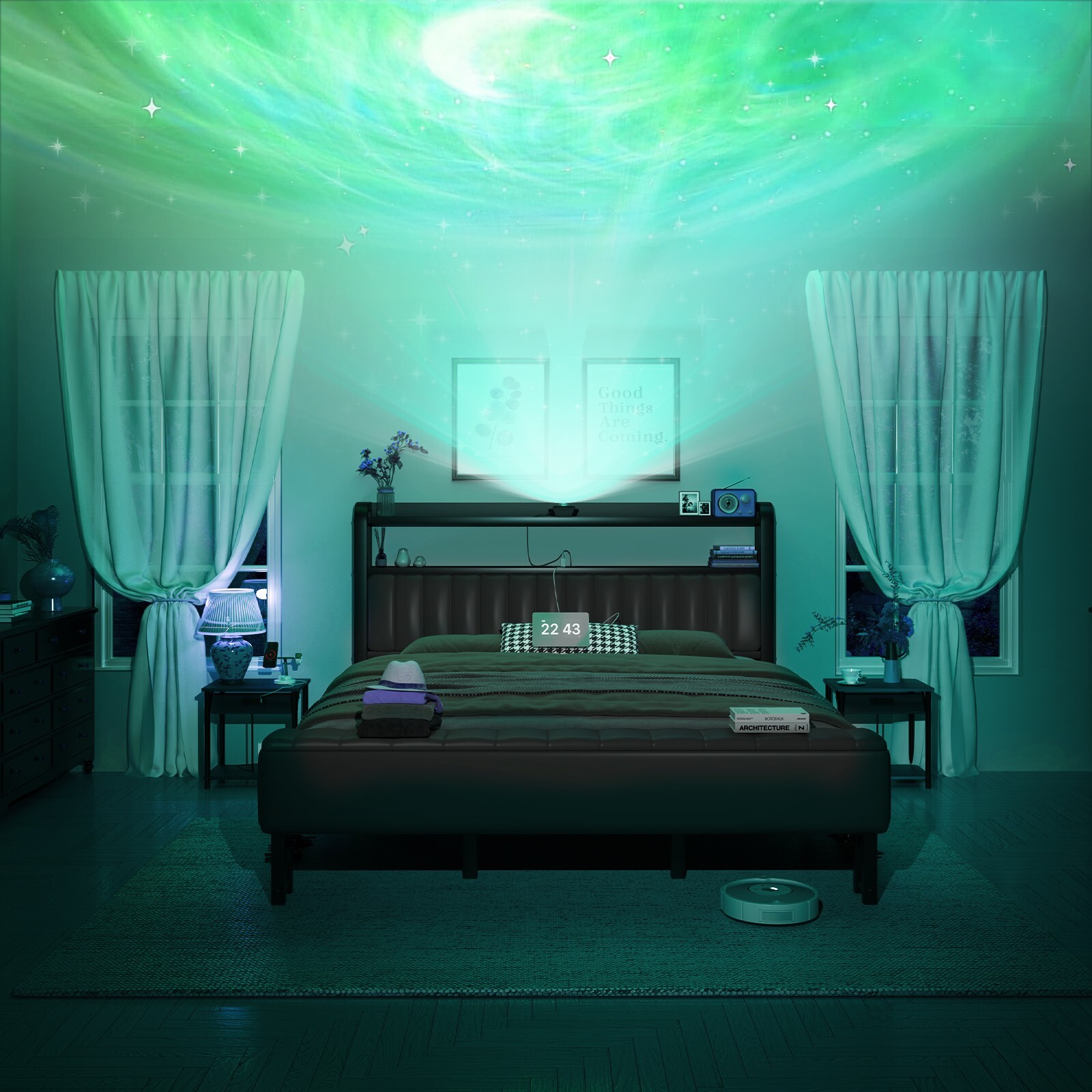 Upholstered Full/Queen/King Bed Frame with Starry Sky Light and Charging Station