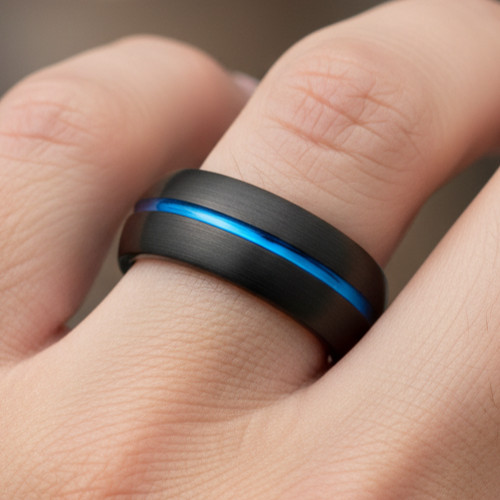 8mm Black Tungsten Men’s Wedding Band – Blue Groove Brushed Domed Ring