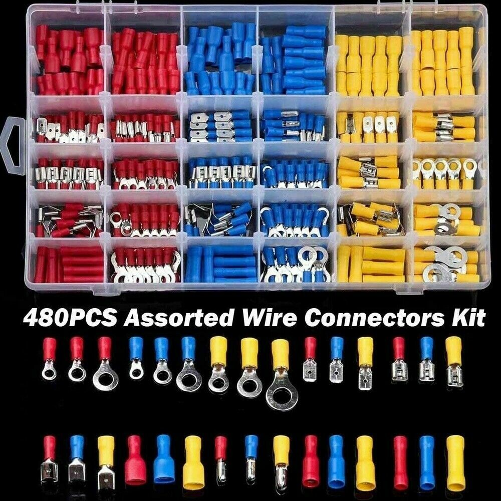 480Pcs Car Wire Assorted Insulated Electrical Terminals Connectors Crimp Box Kit