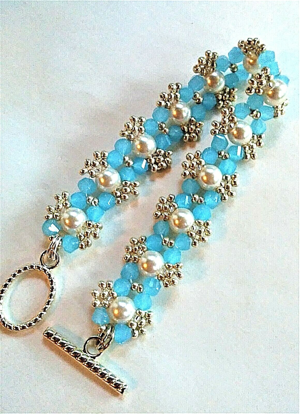 Handmade Aqua Blue White Pearl Beaded Bracelet