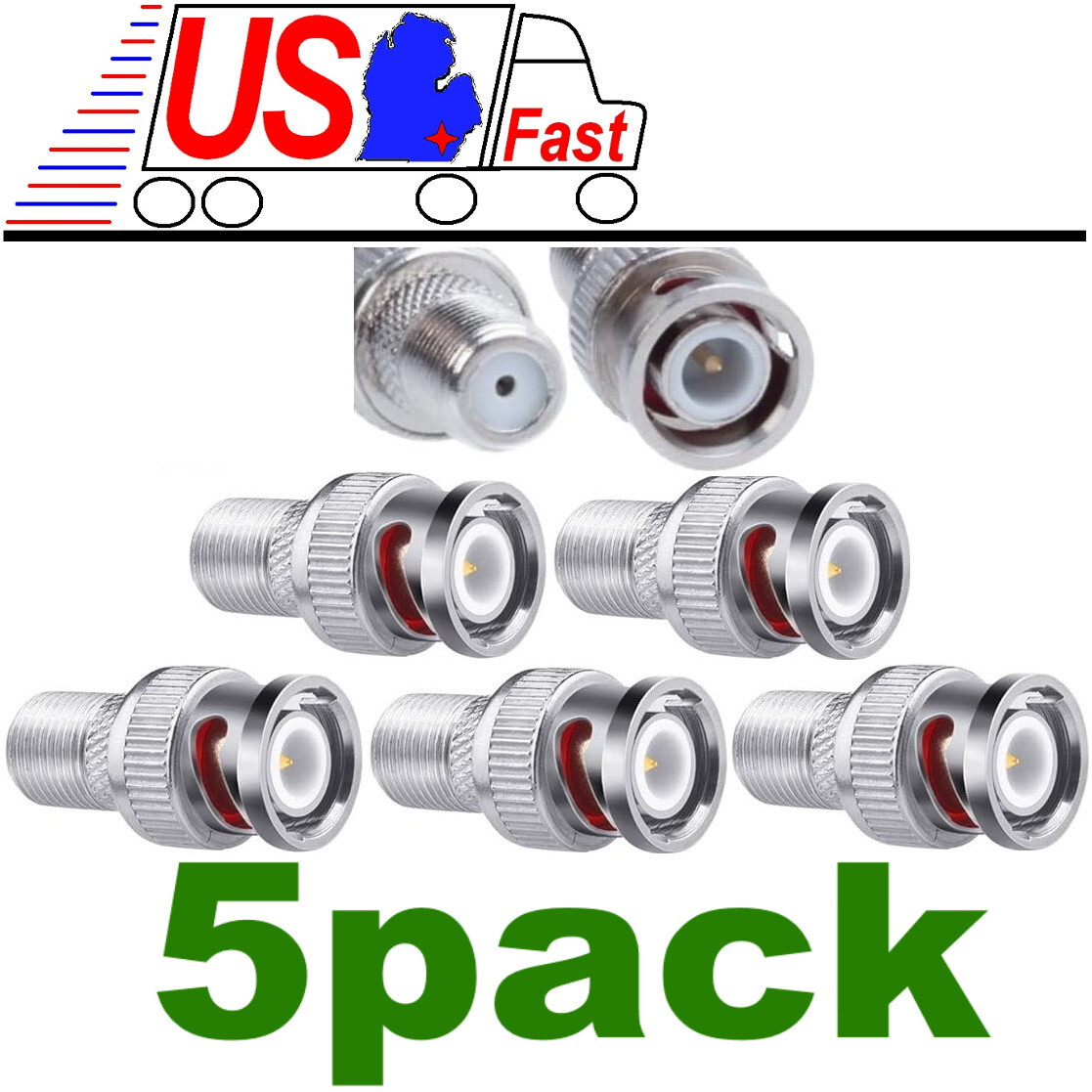 5 Pcs F Female to BNC Male Coax RF Connector RG6 RG59 Adapter Lot5pack
