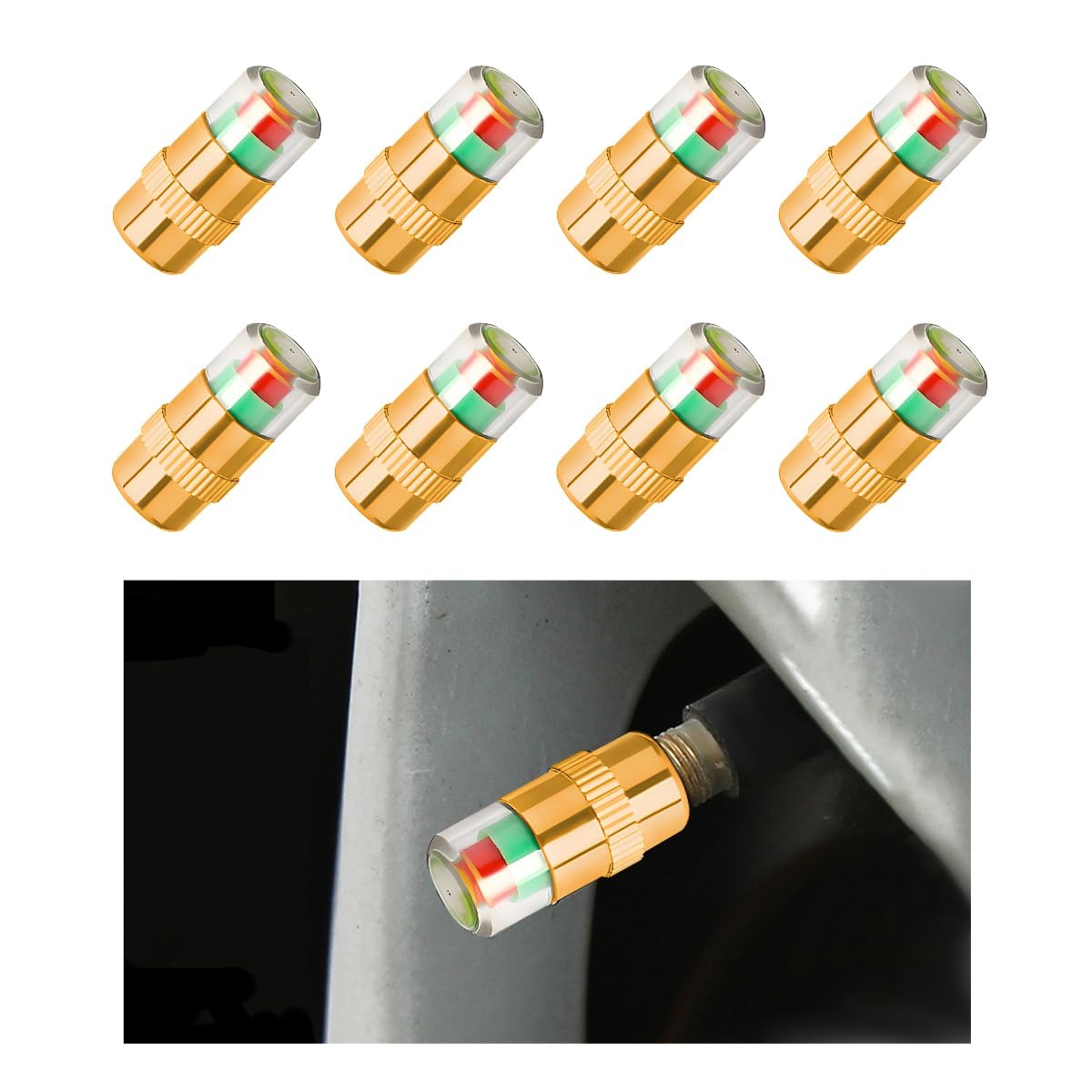 MUQIDA 8 PCS Tire Pressure Monitor Valve Stem Caps, 2.4Bar 36 8PCS, Golden