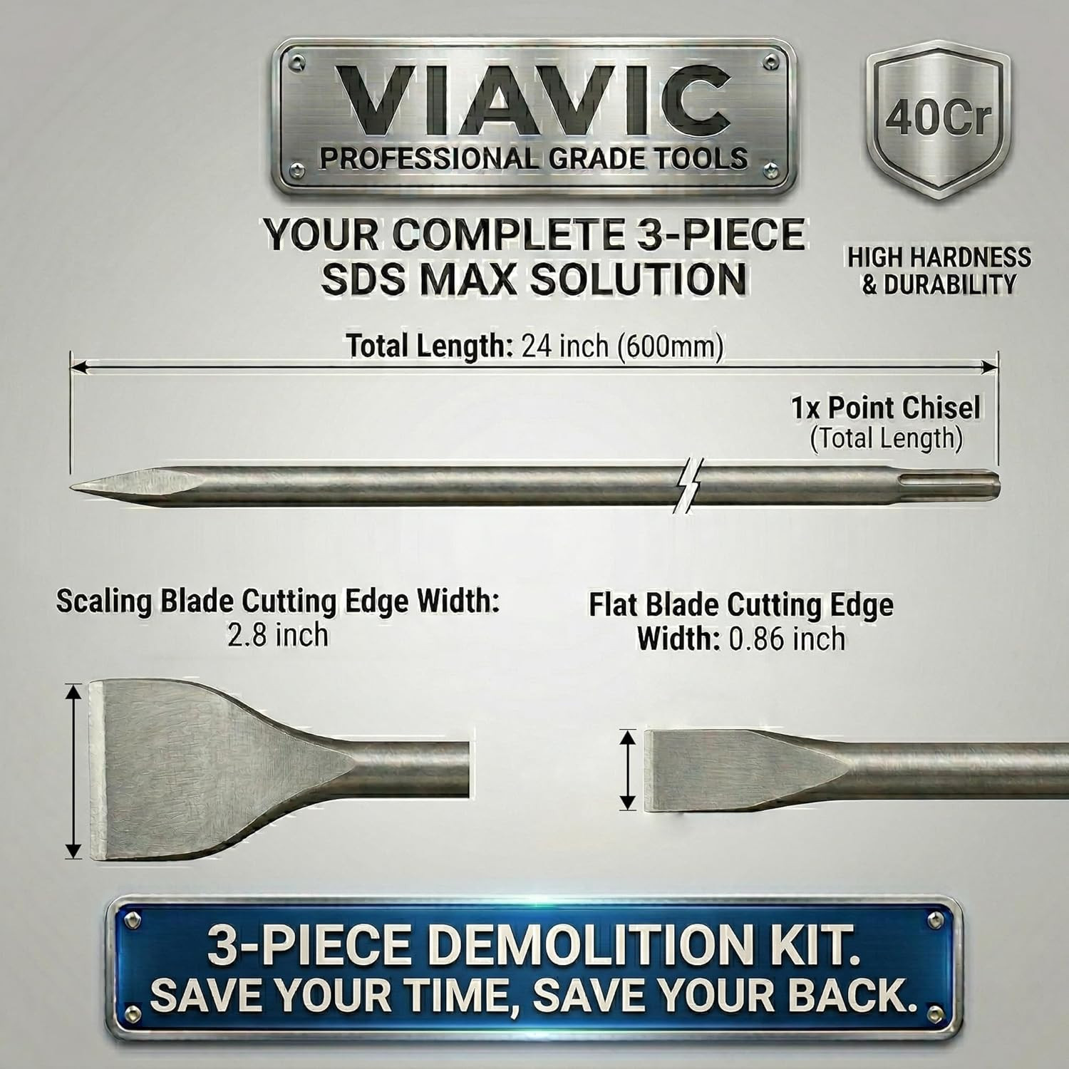 24-Inch SDS Max Chisel Bits Set - 3 Piece Extra Long Demolition Kit (Scaling, Po