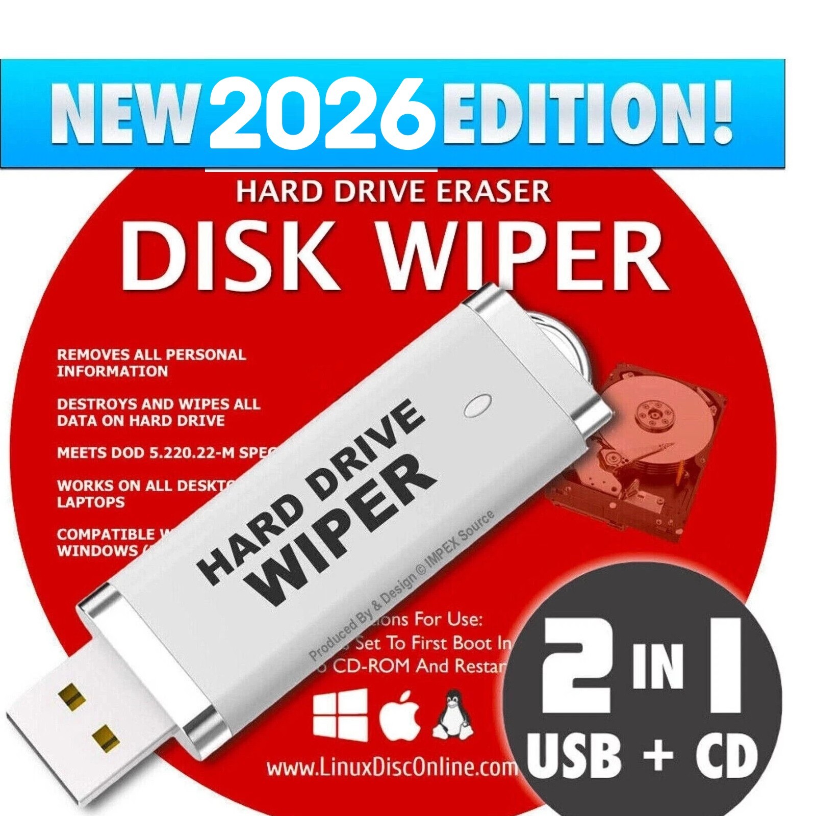 Hard Drive Eraser USB & CD Disk Wiper Delete UNRECOVERABLE Windows 11, 10, 8, 7