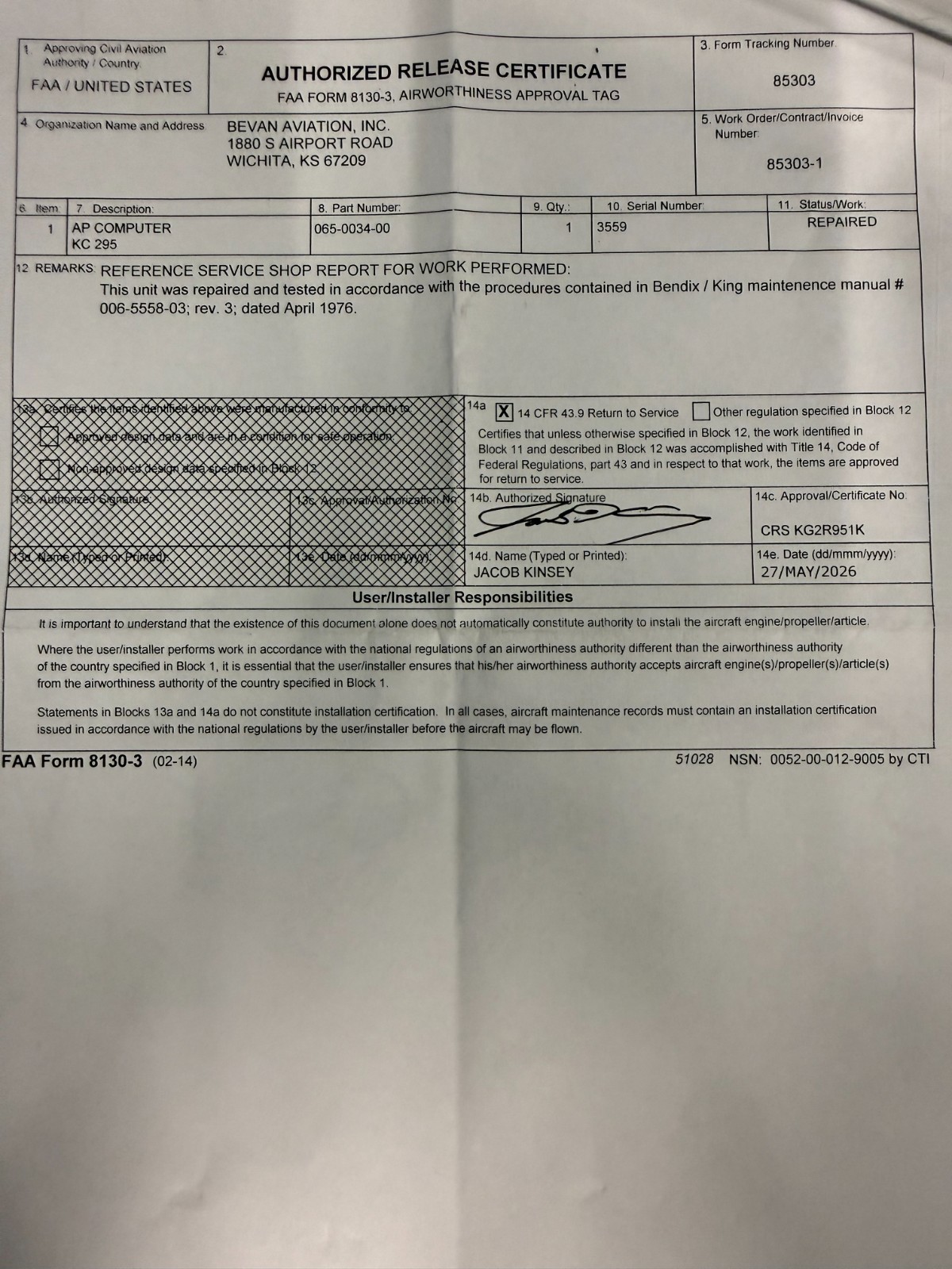 Flight Computer KC295 065-0034-00 w/ May 2026 Repaired 8130