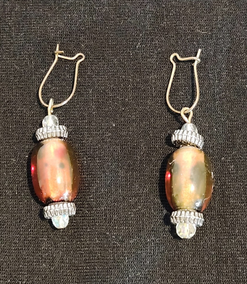 Vintage Dangle Amber Colored Plastic Beaded Pierced Earrings Rhinestone Accents