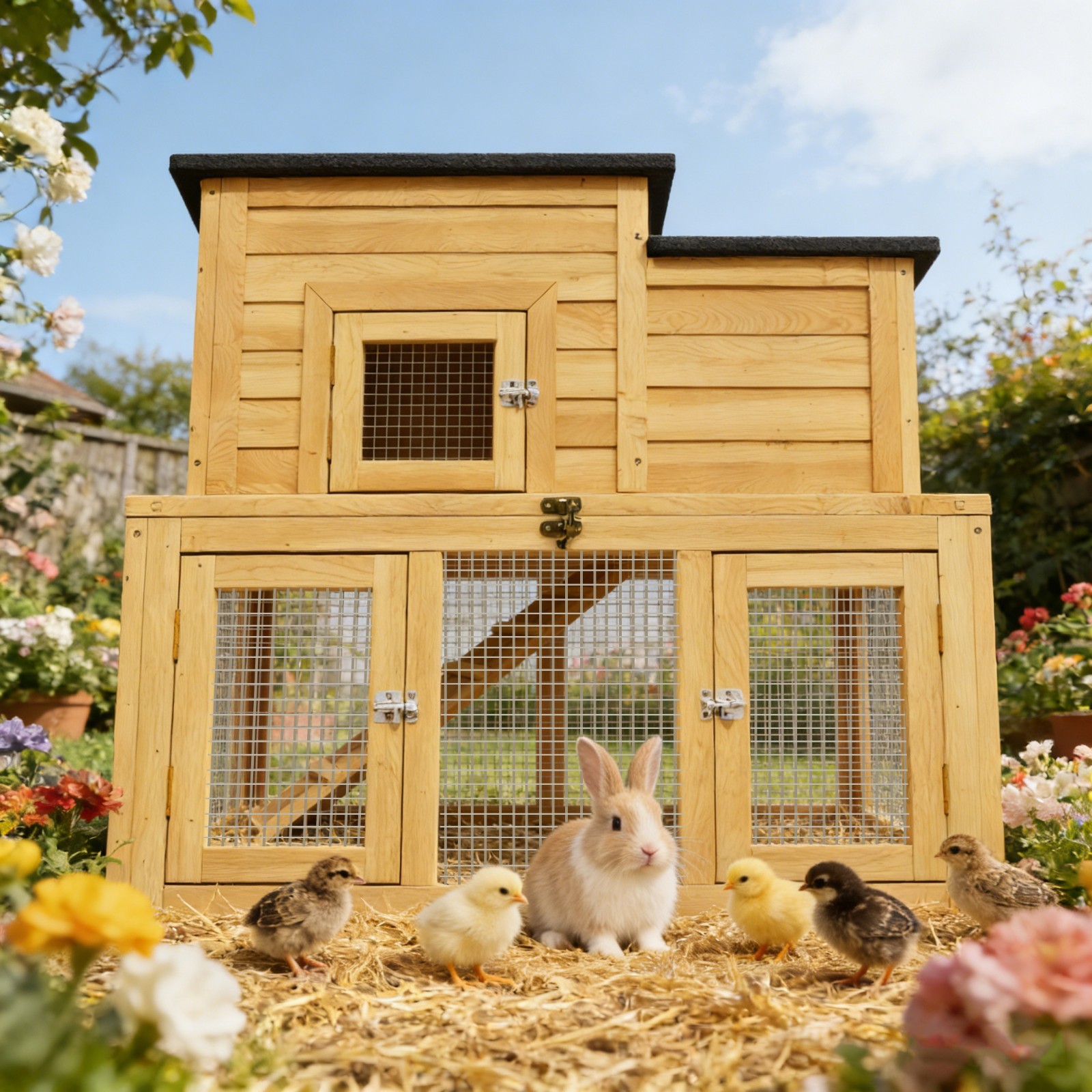 Large Outdoor Wooden Quail Cage Rabbit Hutch Chicken Coop with Run & Ramp，2 Tier