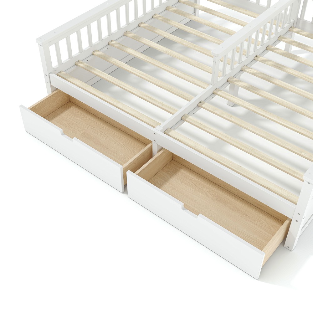White Double Twin Platform Bed w/ Storage Shelves & Drawers