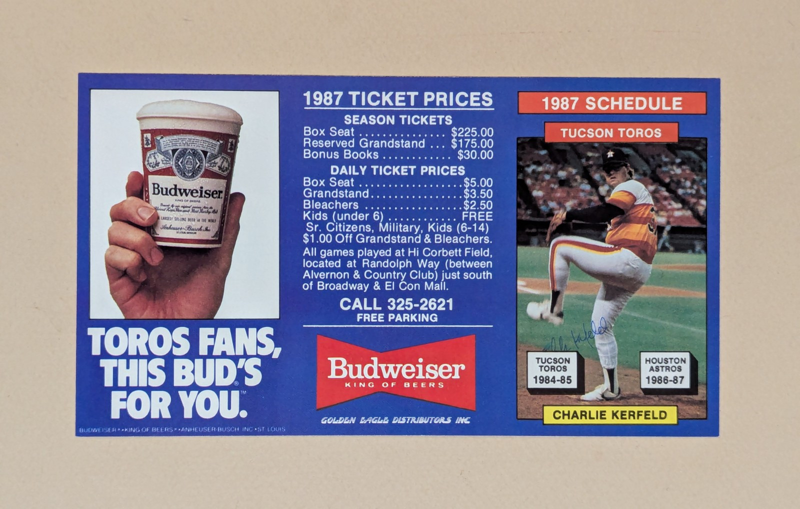 1987 Tucson Toros Baseball Pocket Schedule Pacific Coast League ⚾️⚾️