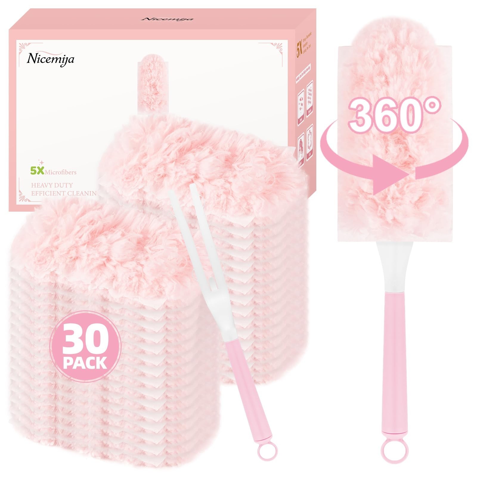 30 Count Pink Duster Refills Compatible with Swiffer Handle, 360° Multi-Sur
