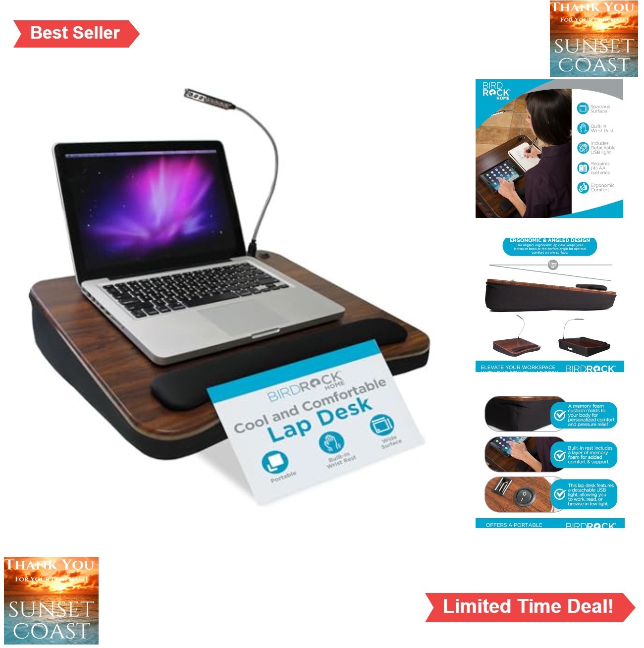 Memory Foam Lap Desk for Laptop up to 15 Inch with USB Light