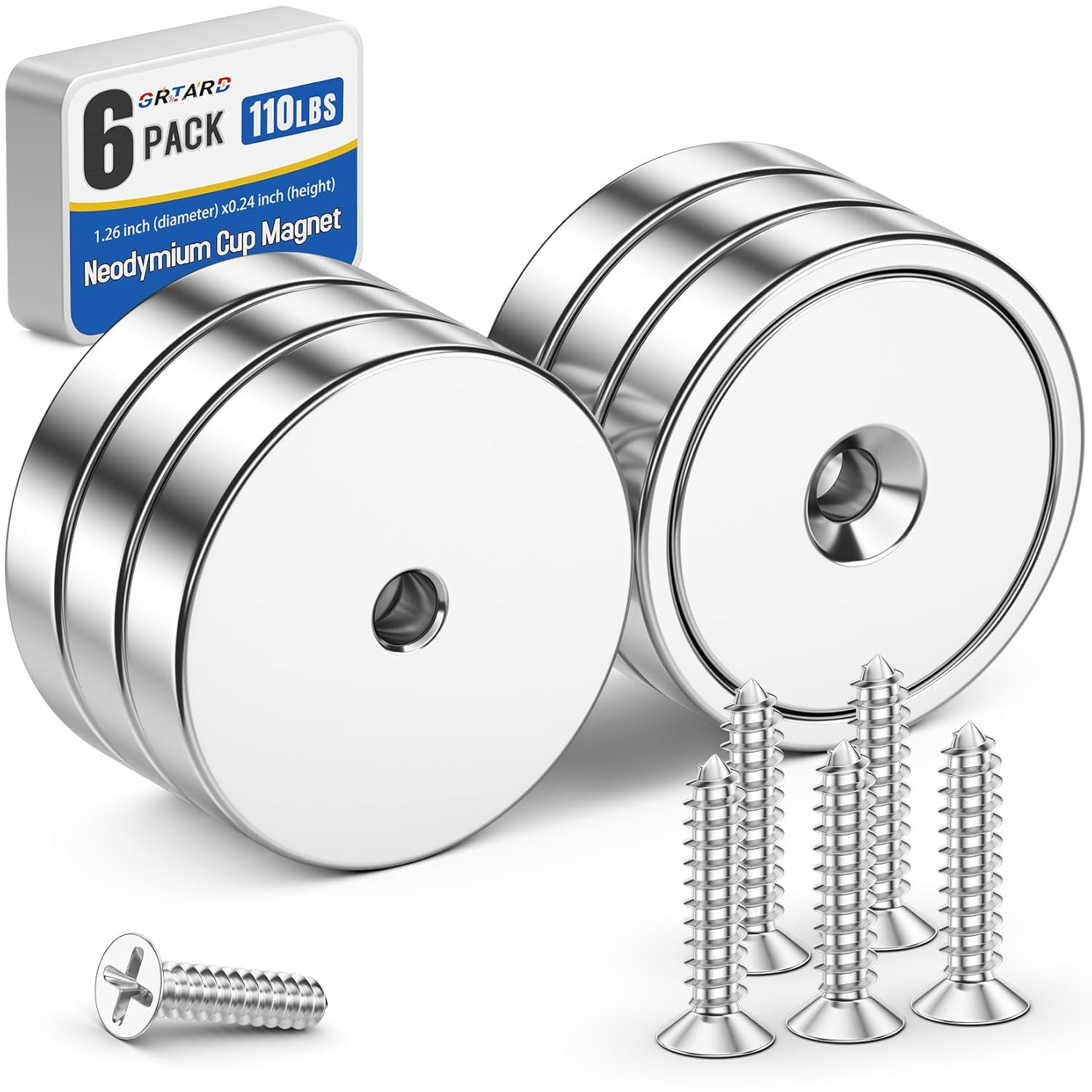 6 Pack Neo Magnet Cup Magnets 110lb Strong Countersunk Rare Earth w Screws