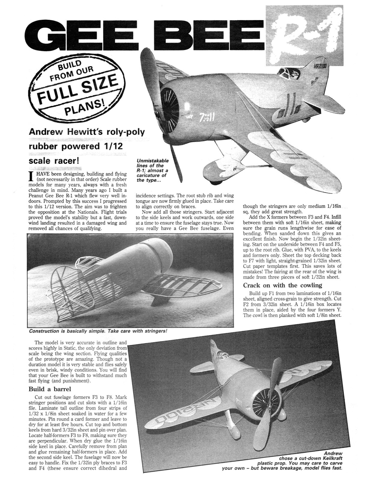 Model Airplane Plans (FF): Gee Bee R-1 Scale 21" Wingspan Rubber-Powered