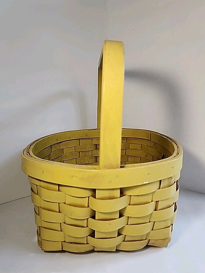 Vtg YELLOW Wood Market Basket & Handle 13 x10.25” Sturdy Gathering Garden -