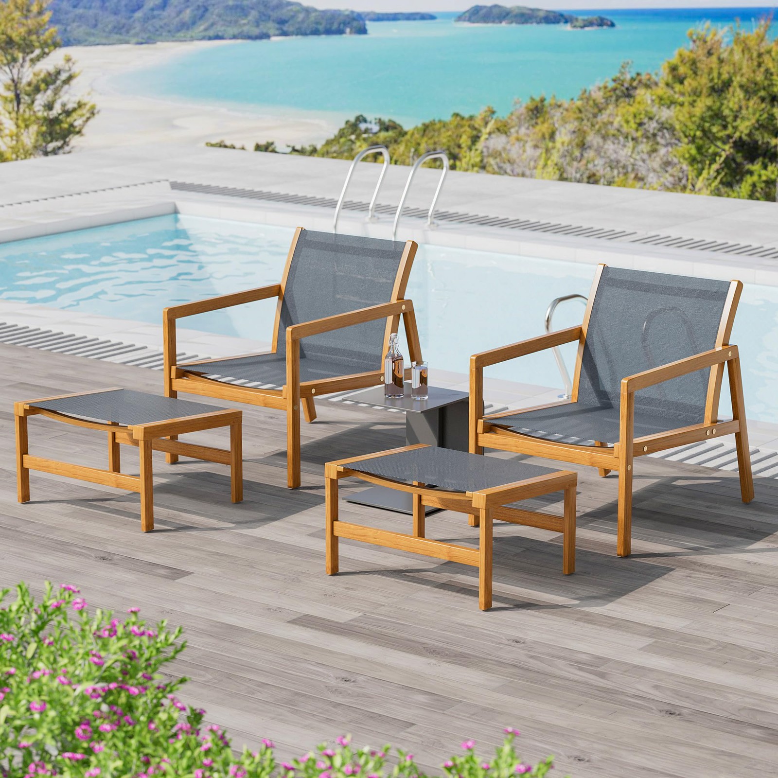 4 Piece Outdoor Acacia Wood Chair with Ottoman Gray for Porch Balcony Deck Patio