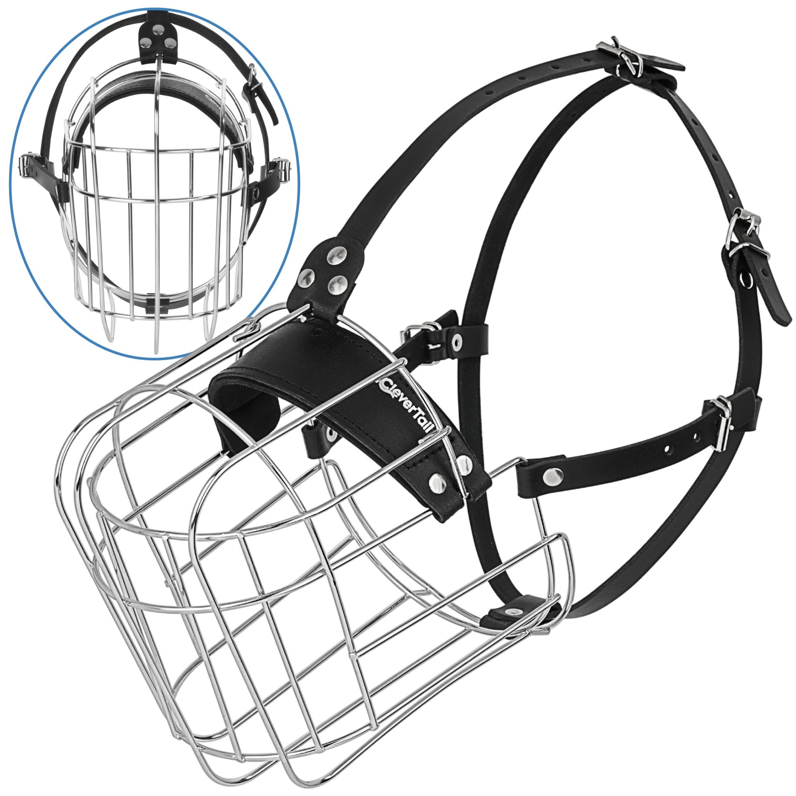 CleverTail Extra Large Dog Muzzle for Large, Silver & Black Straps