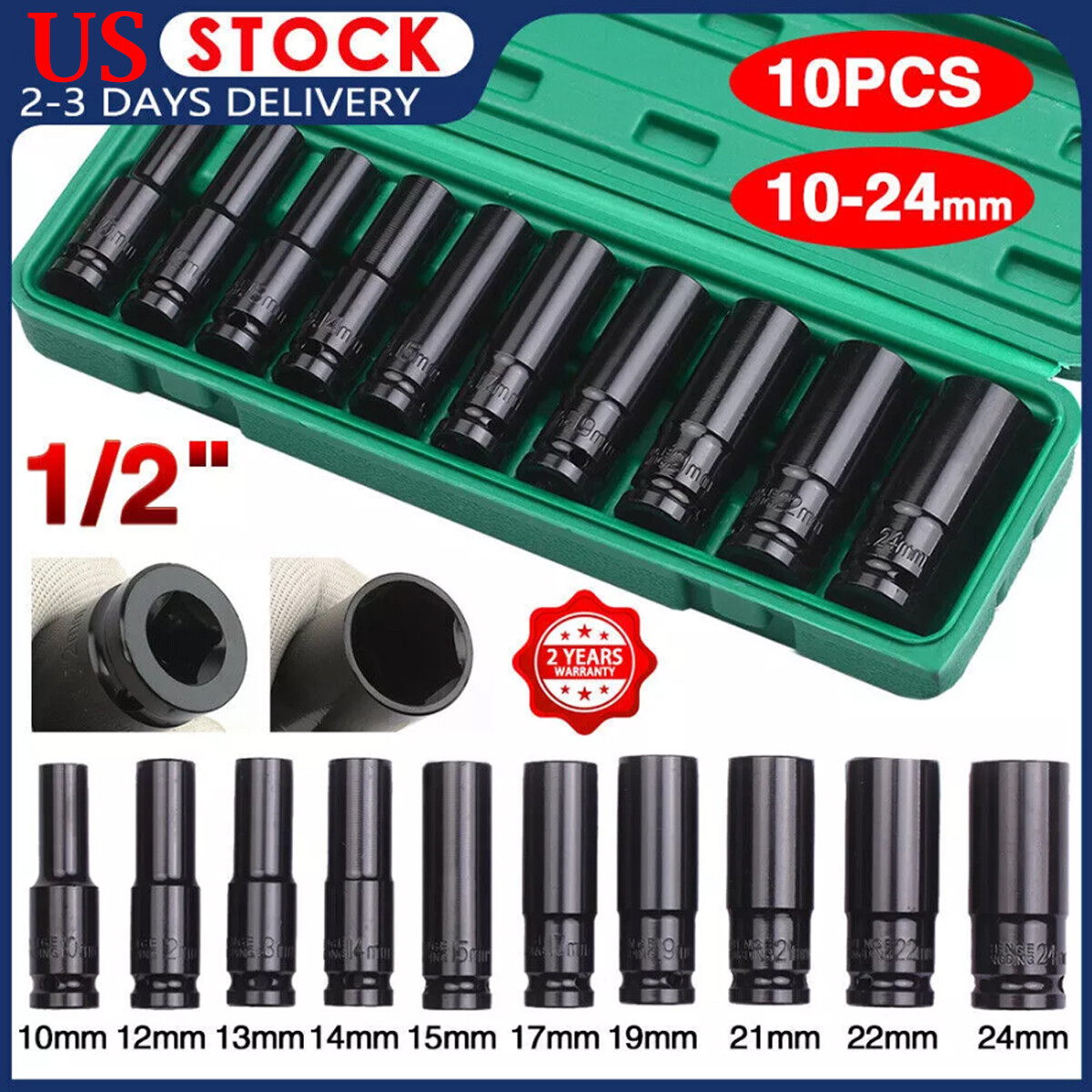 10PCS 1/2" Deep Impact Socket Set Drive 6 Point Metric Garage Tool 10 - 24mm US