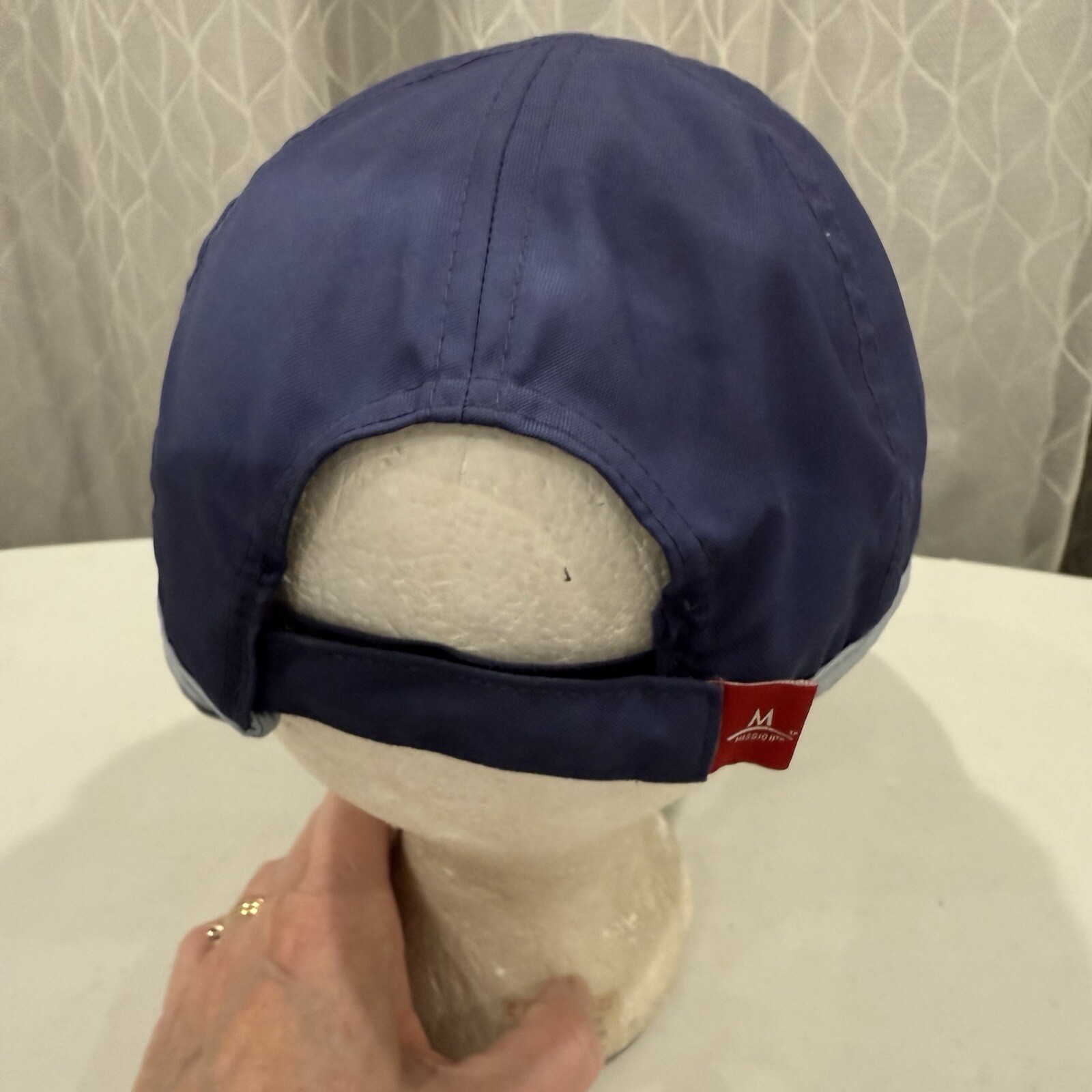 Mission M on BLue w Gray Hat Cap Light Weight Hook Loop EUC