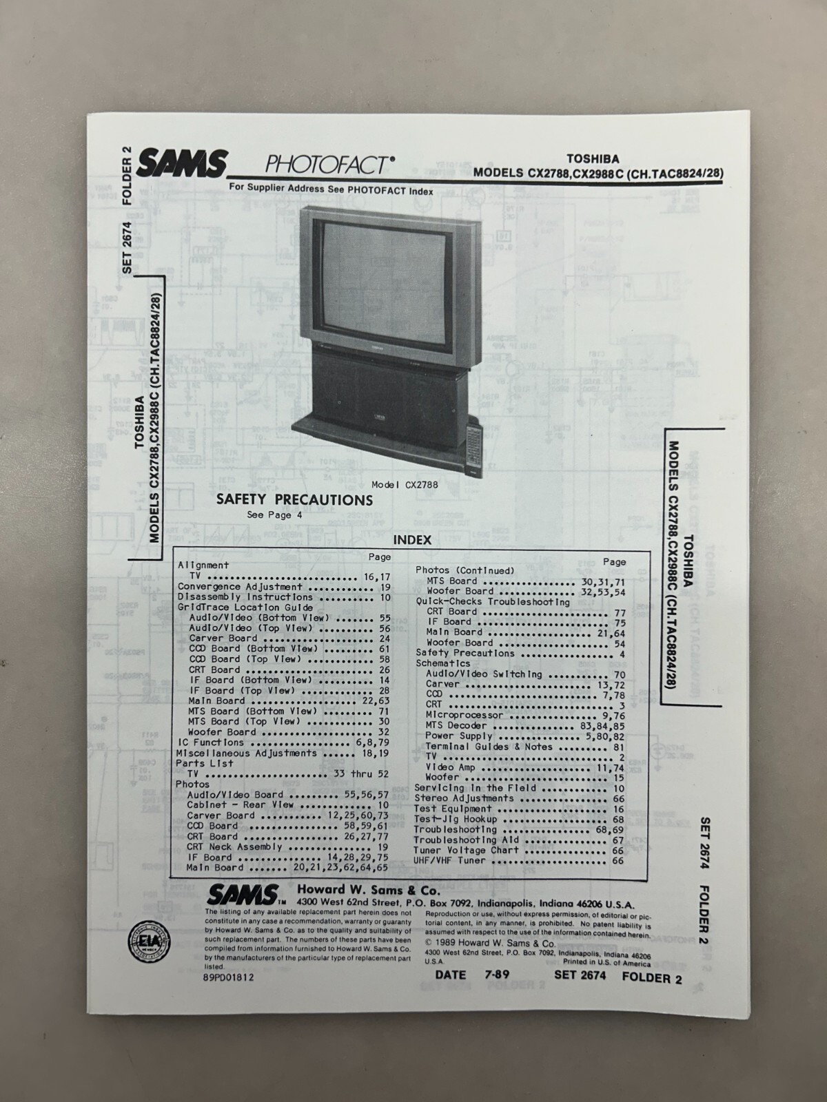 Toshiba CX2788 CX2988C Service Manual Sams Photofact Free Shipping