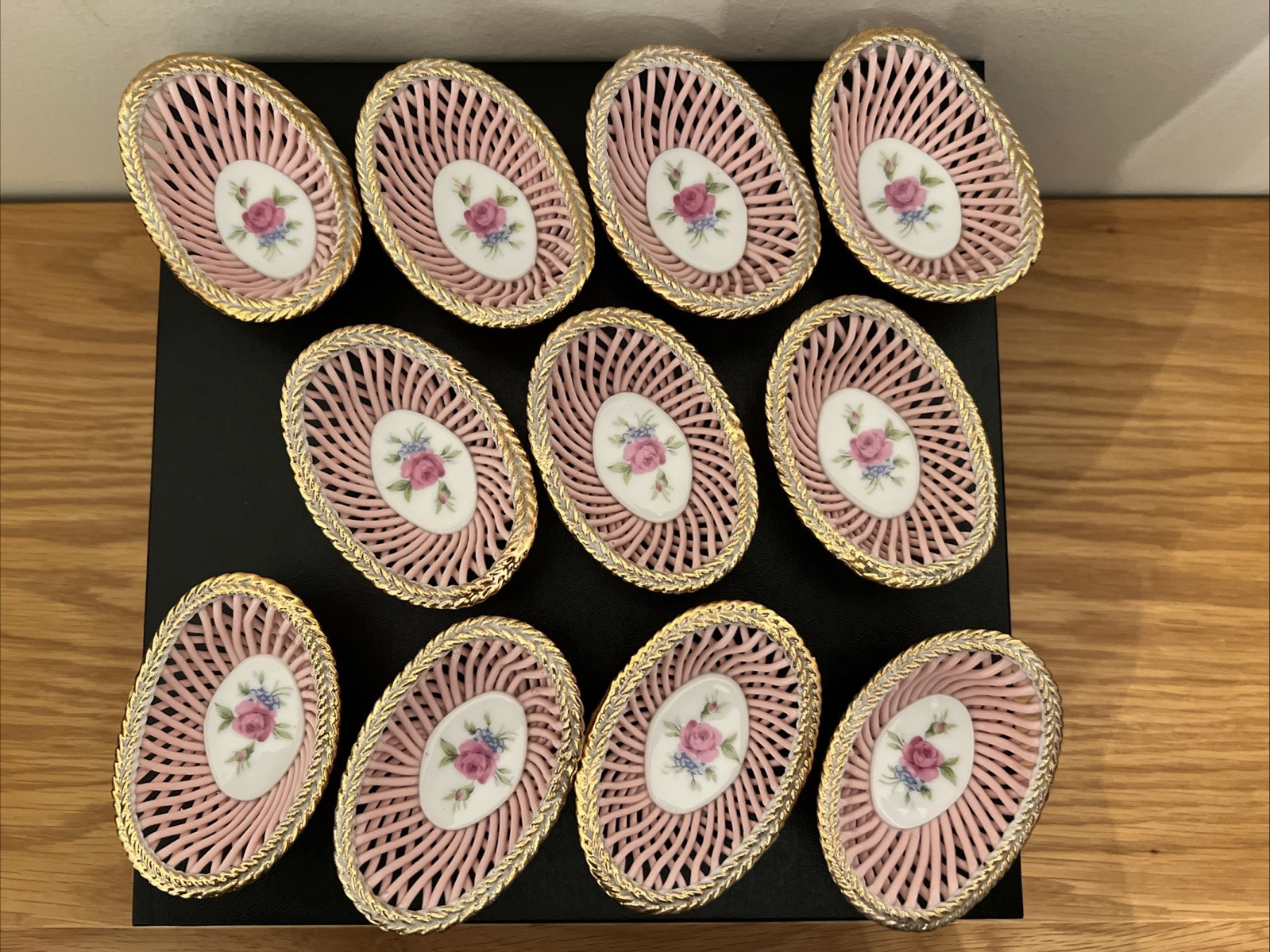 Lot 11 Richard Japan Porcelain Basket Pink Rose Center Reticulated Ceramic Dishs