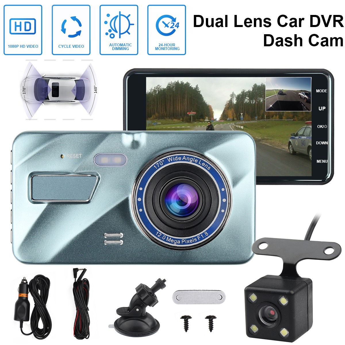 4" 1080P Dual Lens Car Dash Cam Full HD Front Rear Camera Vehicle DVR Recorder