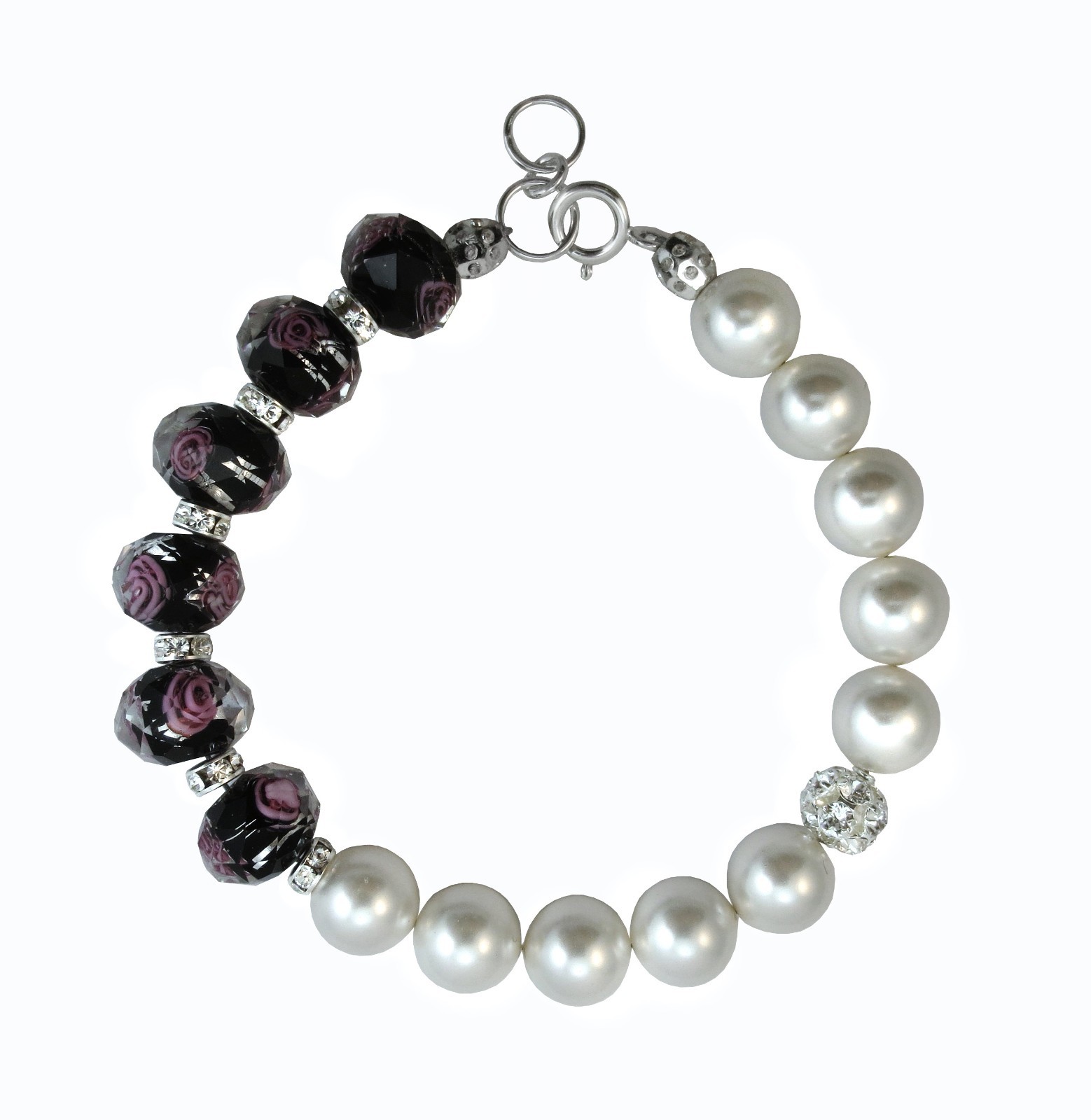 7, 8 inch. Black Lampwork Glass + Pearl made with Crystal element Br
