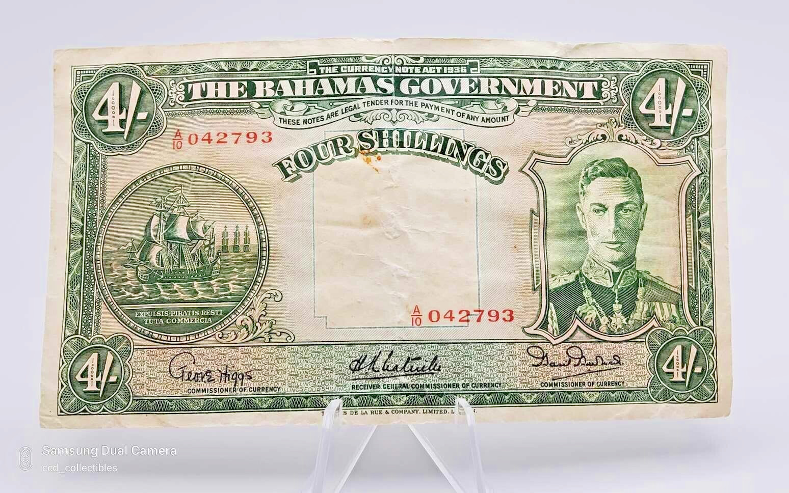 Bahamas Banknote  Four Shillings  1936 ND, P-9   Circulated