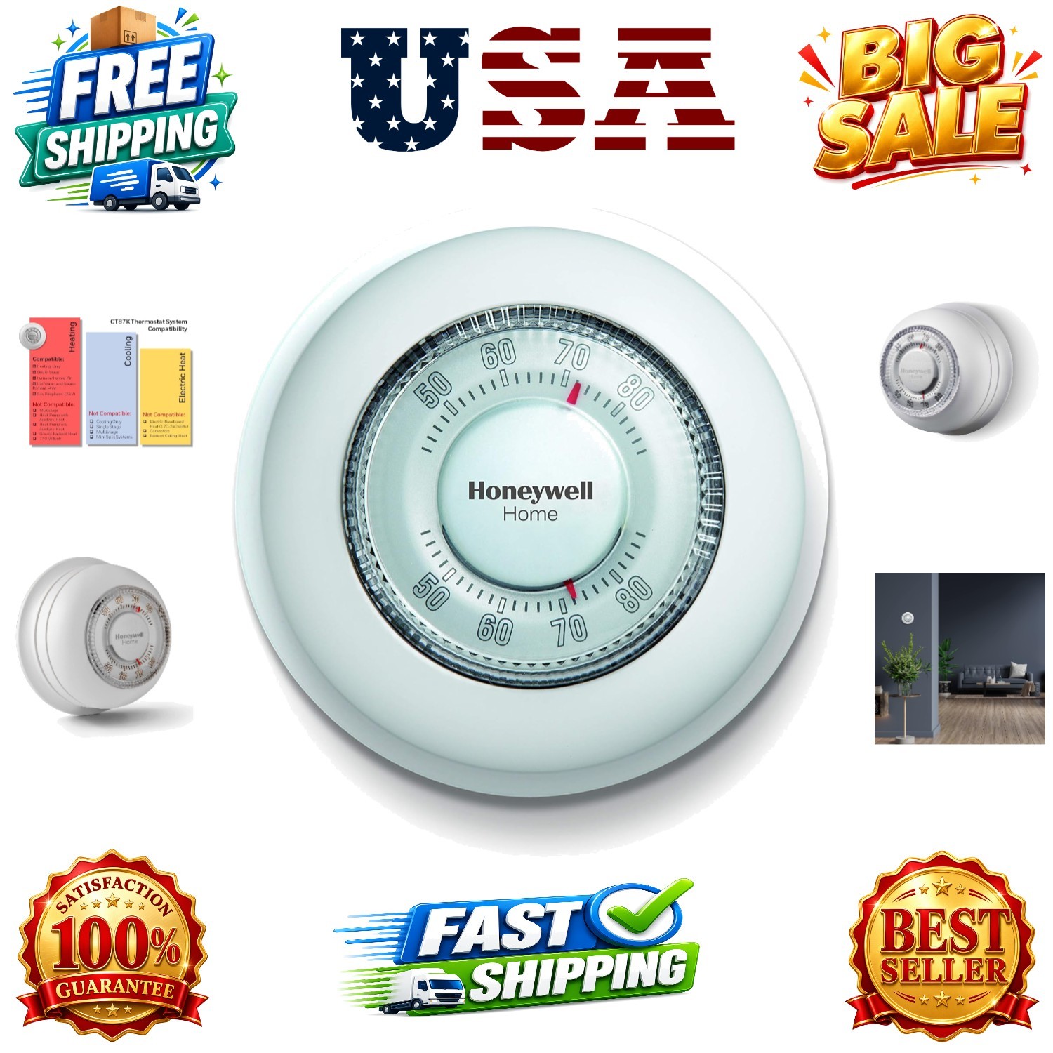 CT87K1004 The Round Heat Only Manual Thermostat,Large,White,Large