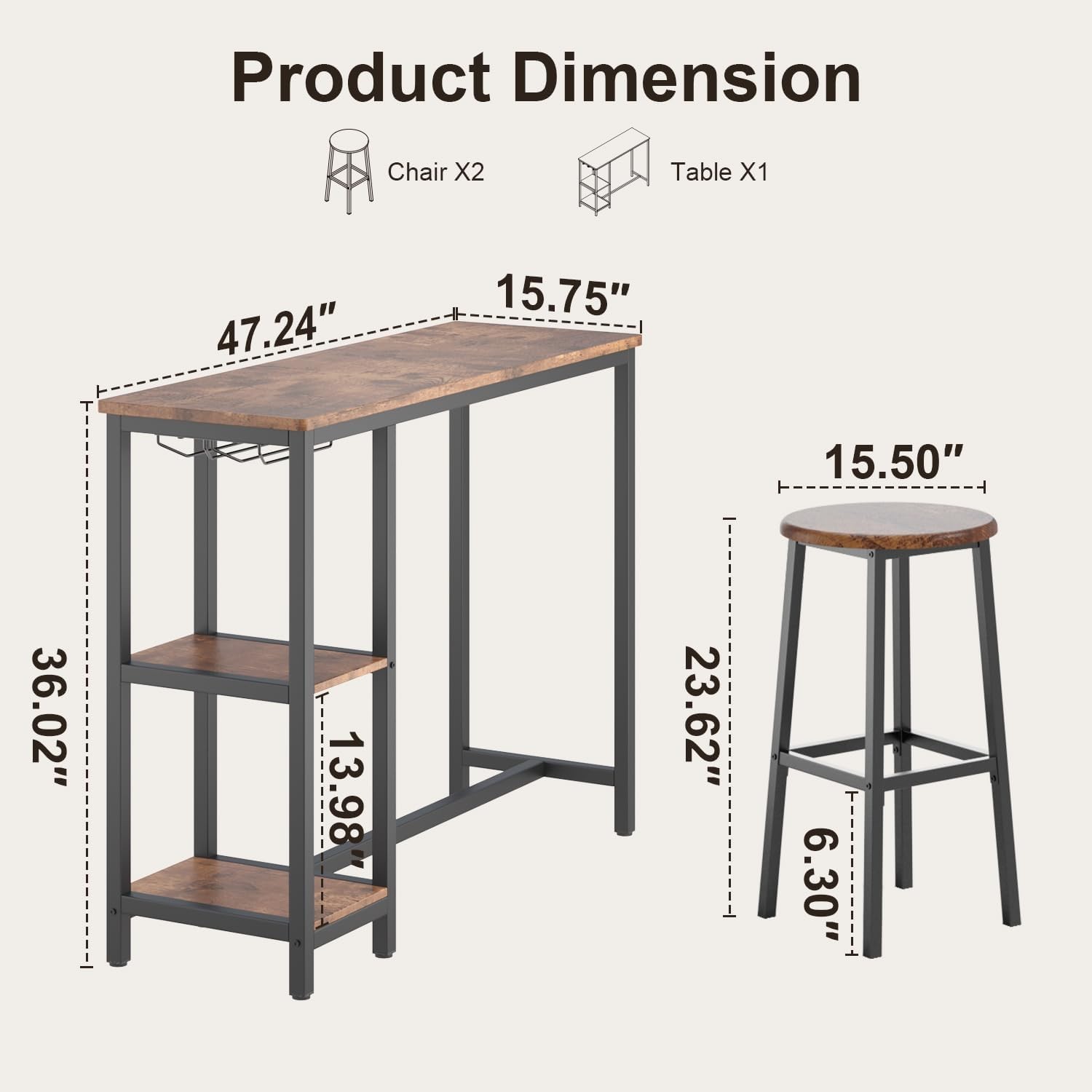 3-Piece Bar Table Set 2 Bar Height Table W/ Stools & 2 Storage Shelves Small Bar