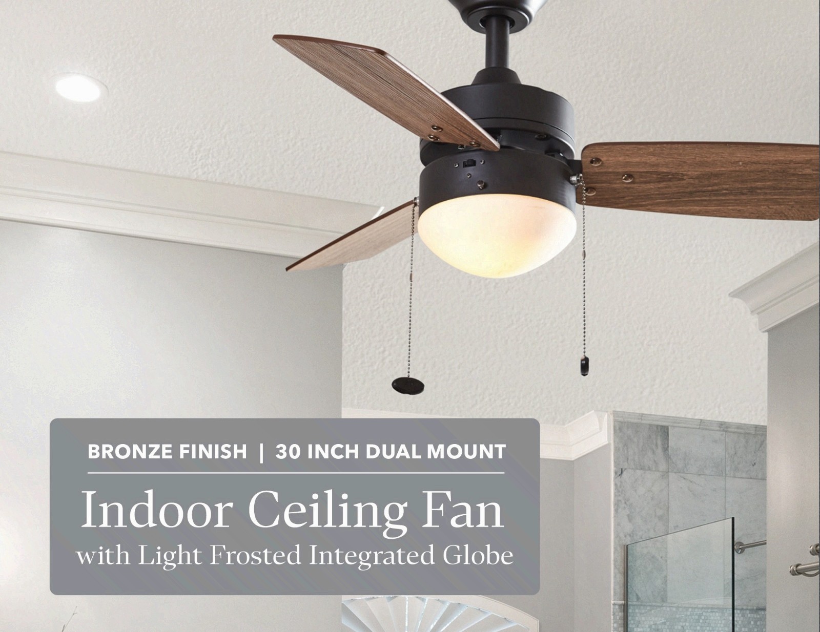30" Finney Modern Bronze Indoor Ceiling Fan w/ Light, Pull Chains