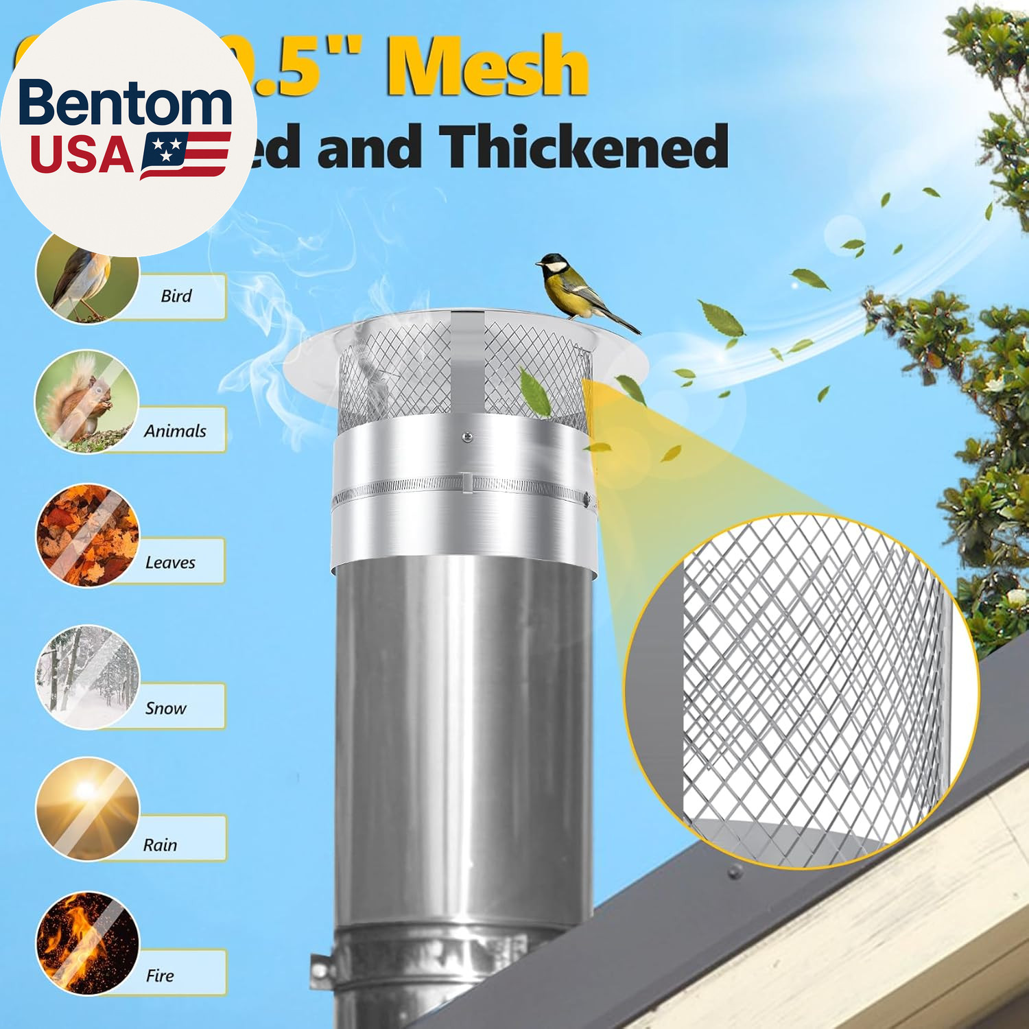 8 Inch Chimney Cap, 8" Stainless Steel Cone Top Chimney Cap with Screen, Adjusta