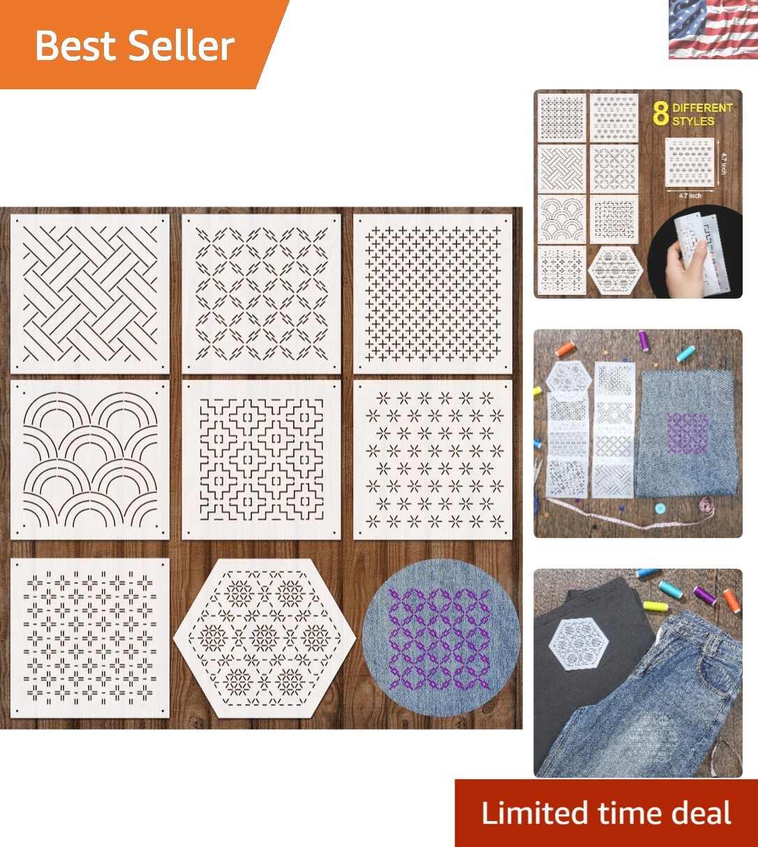 8 Pcs Sashiko Stencil Kit - 4.7x4.7 Inch Geometric Patterns for Hand Quilting