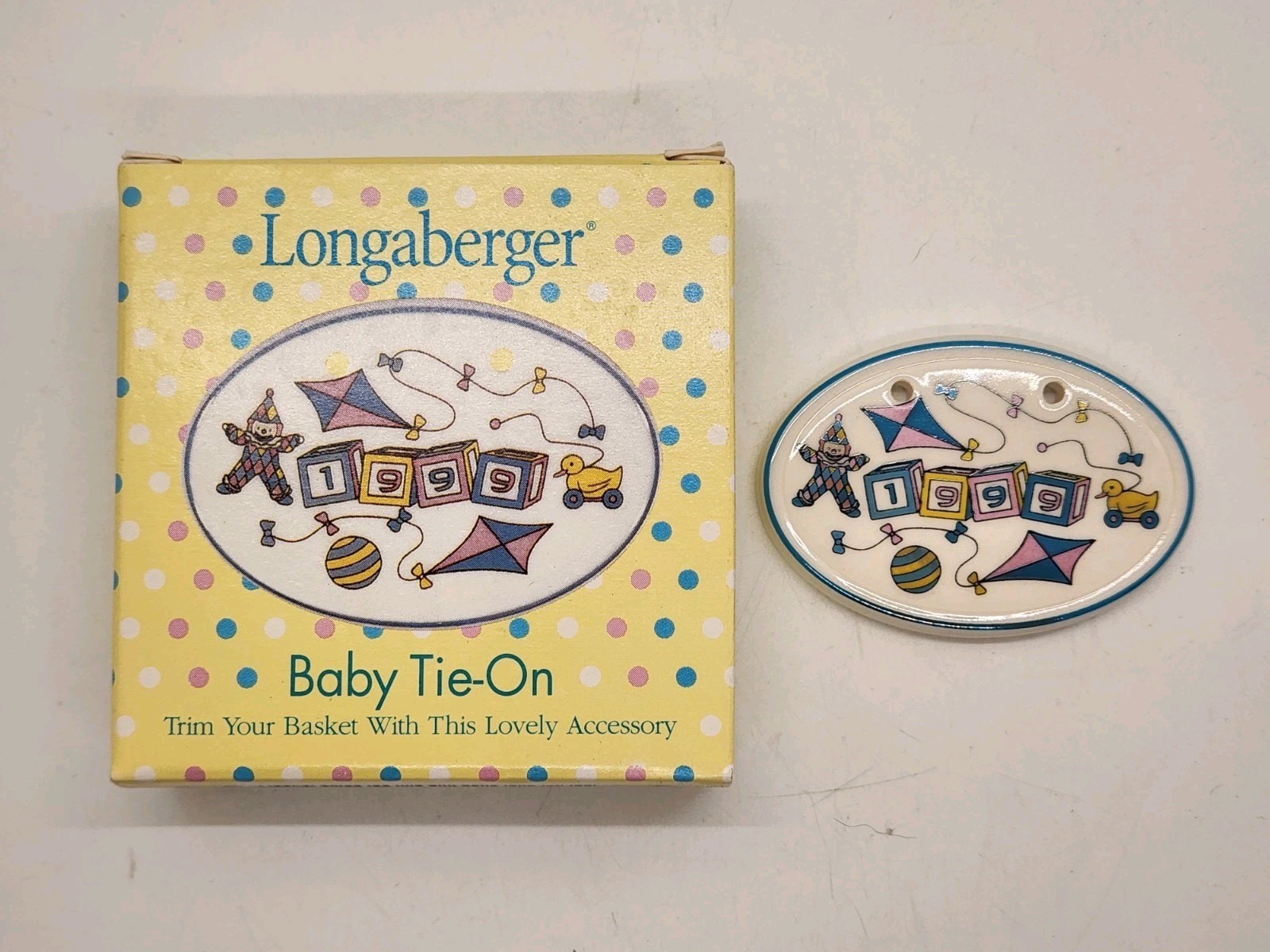 NOS Longaberger 1998 Ceramic 1999 Baby Tie-On Basket Charm 36099 in Box
