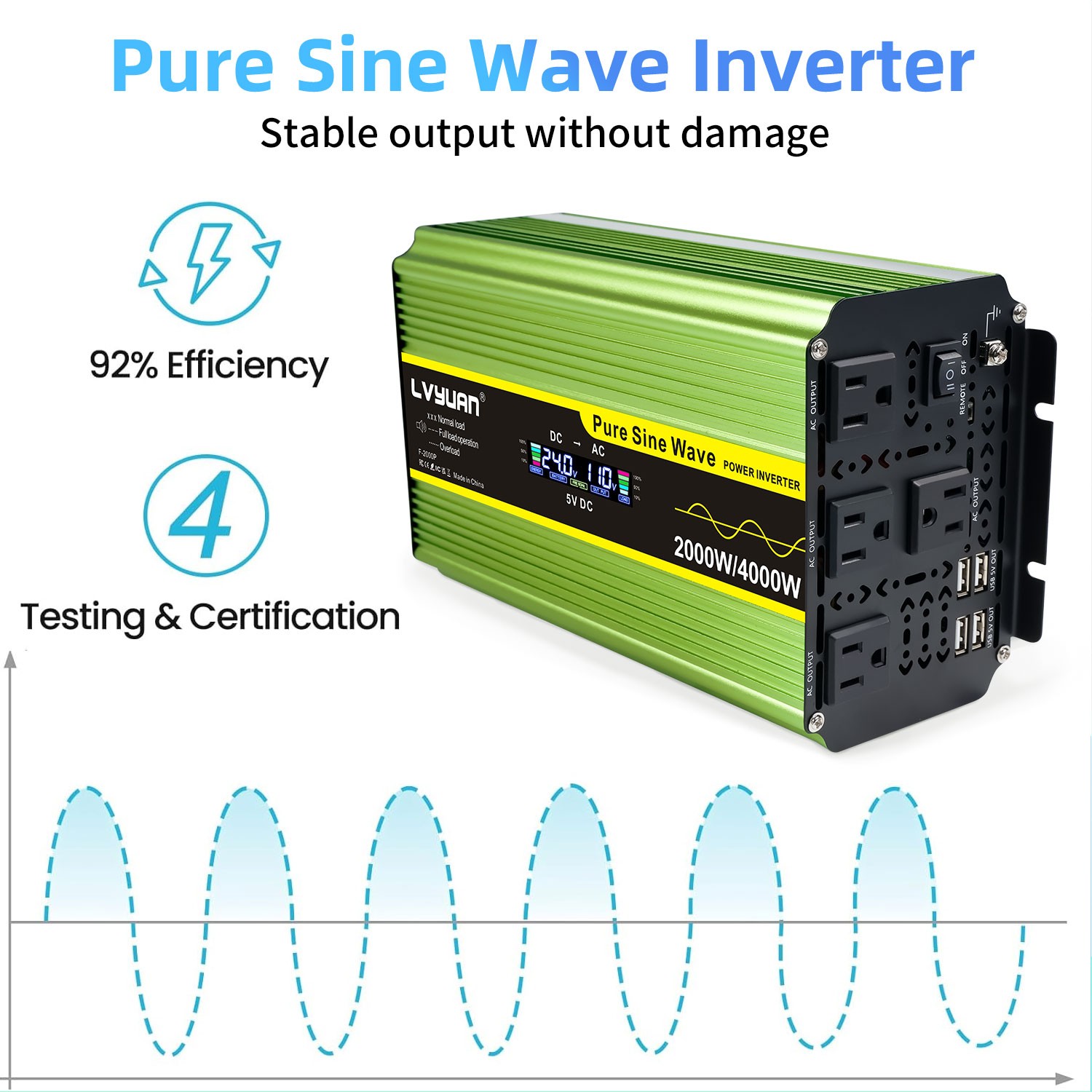 2000W 4000W Pure sine Wave Power Inverter Converter 24V to 110V w/4AC 4USB LCD