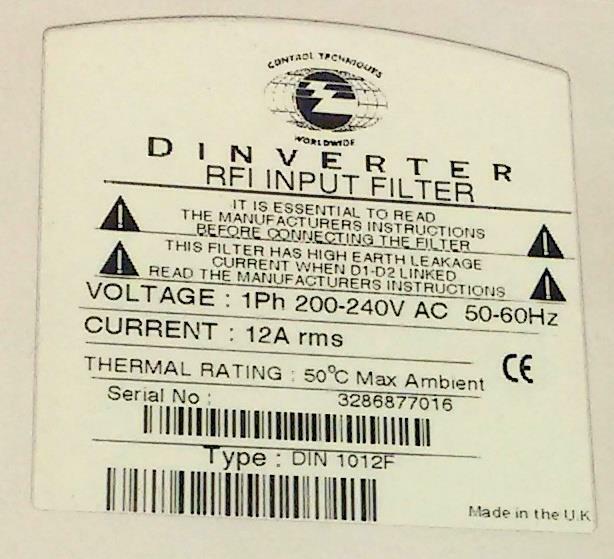 New Control Techniques DIN 1012F Dinverter Single Phase RFI Input Filter