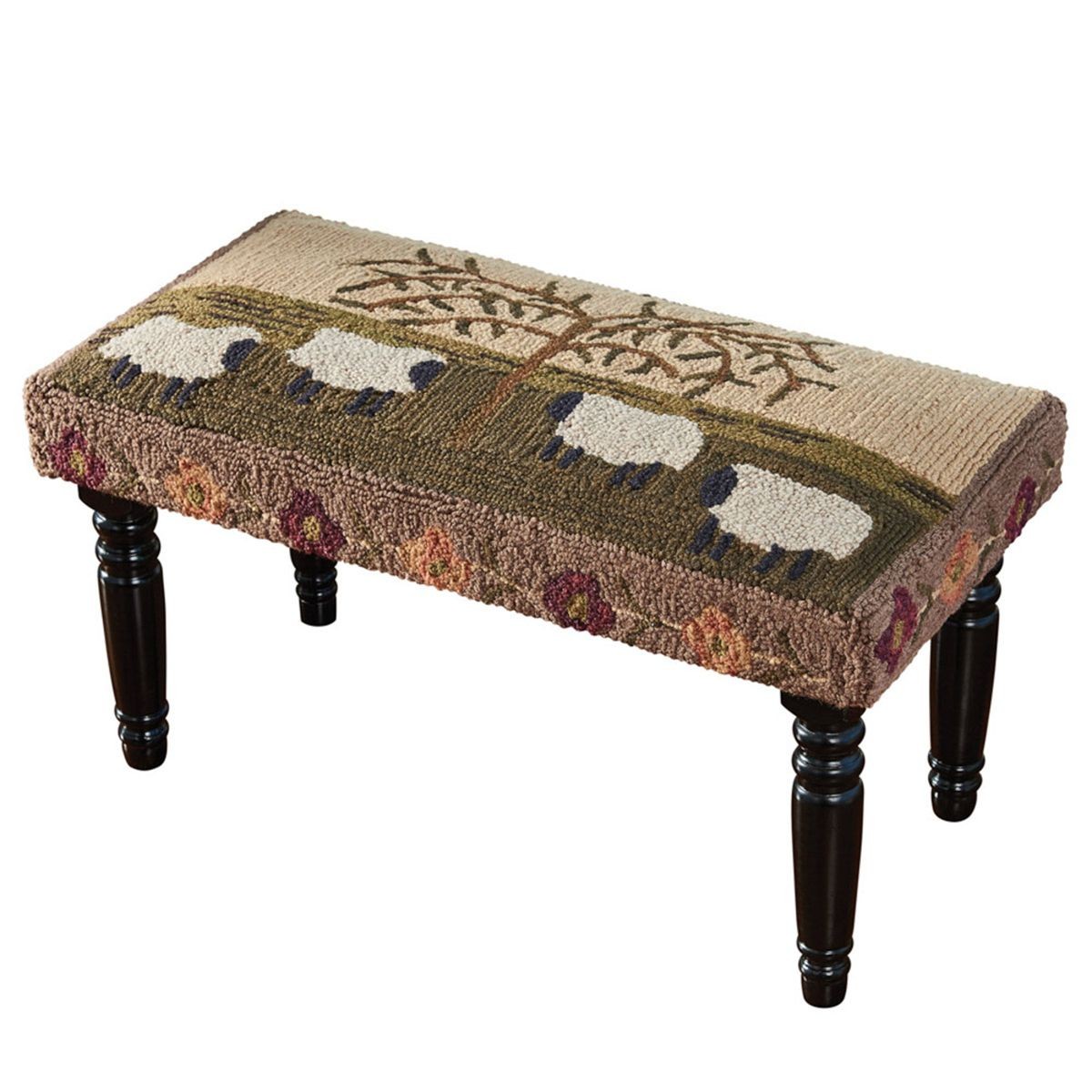 Willow and Sheep Hooked Bench Country Primitive Farmhouse