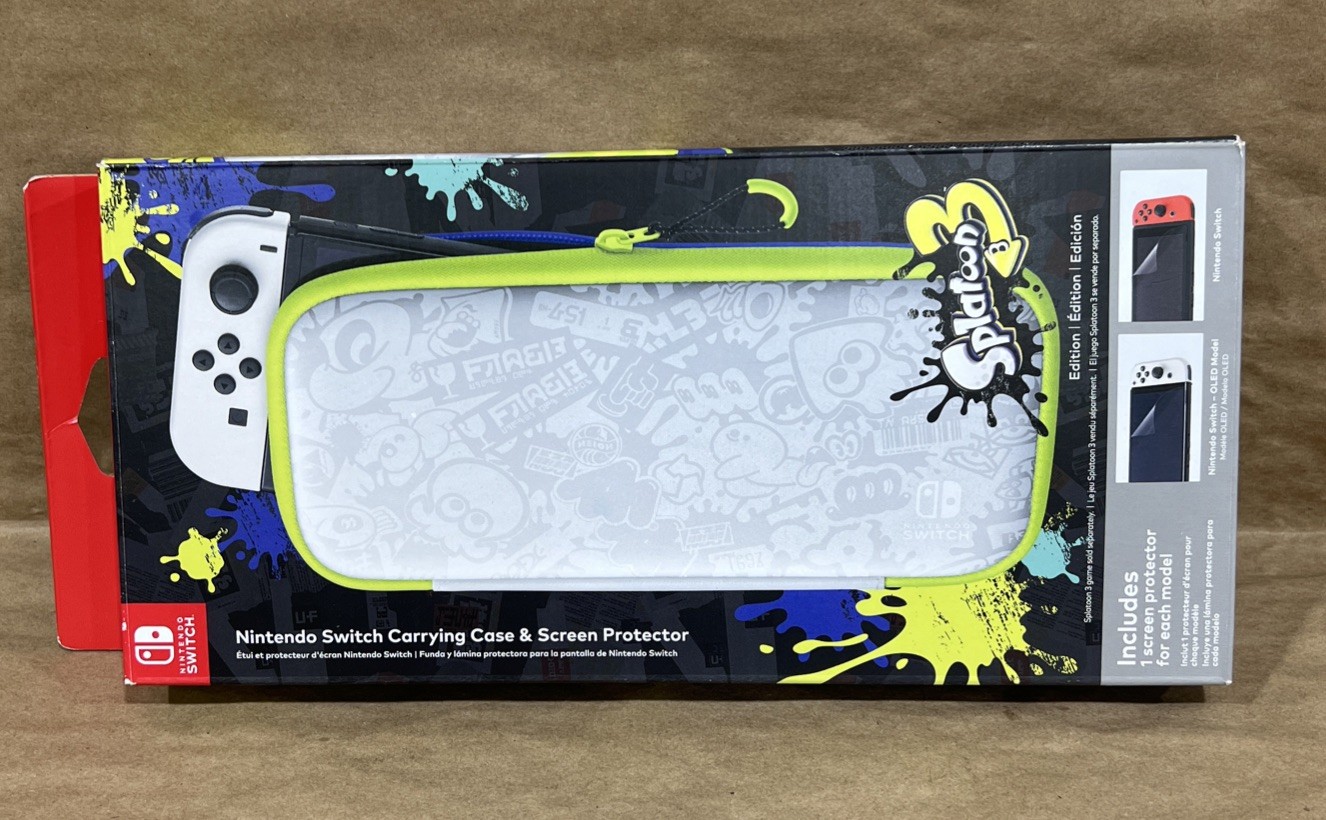 Nintendo Switch Splatoon 3 Carrying Case and Screen Protector White Yellow Blue