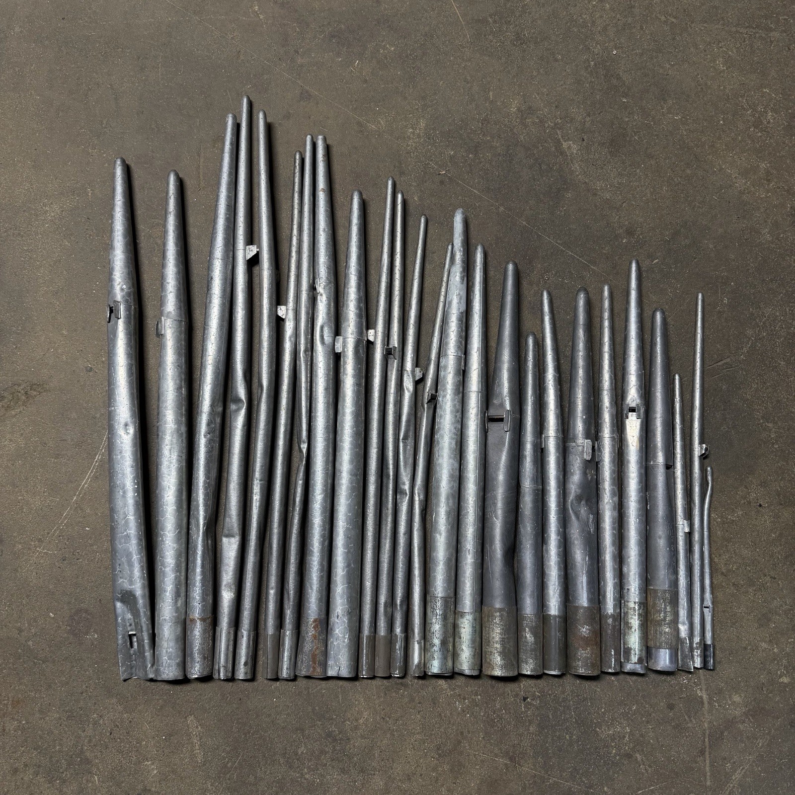 Lot of 26 Vintage Pipe Organ Metal Pipes – Tin/Lead Organ Pipes 6–26 Inches