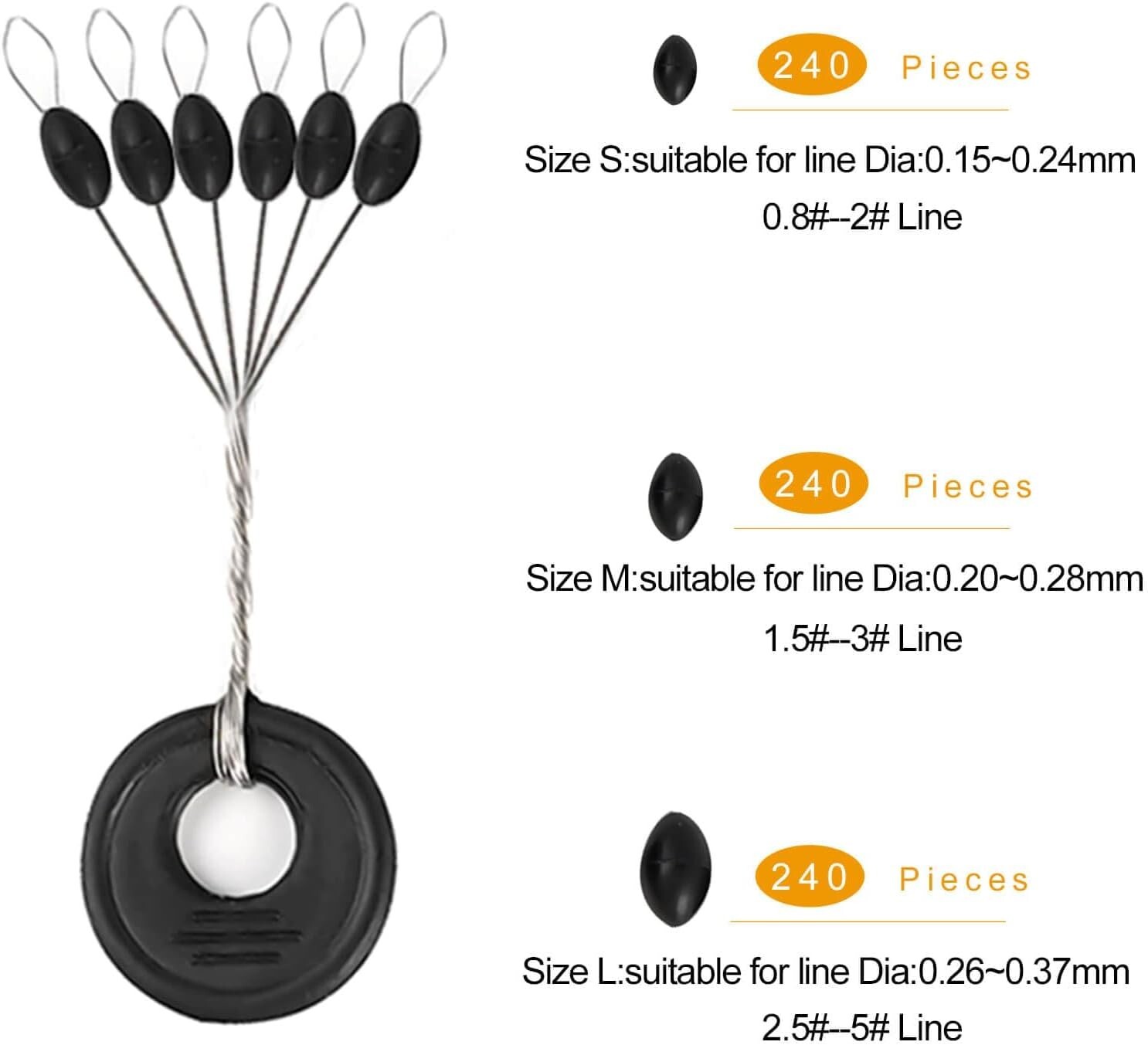 720 PCS Fishing Bobber Stopper Oval Floats Sinker Stops 6 in 1 Black Rubber Size