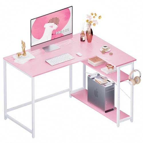 43 Inch L Shaped Computer Desk with Reversible Side Storage Shelves, Small