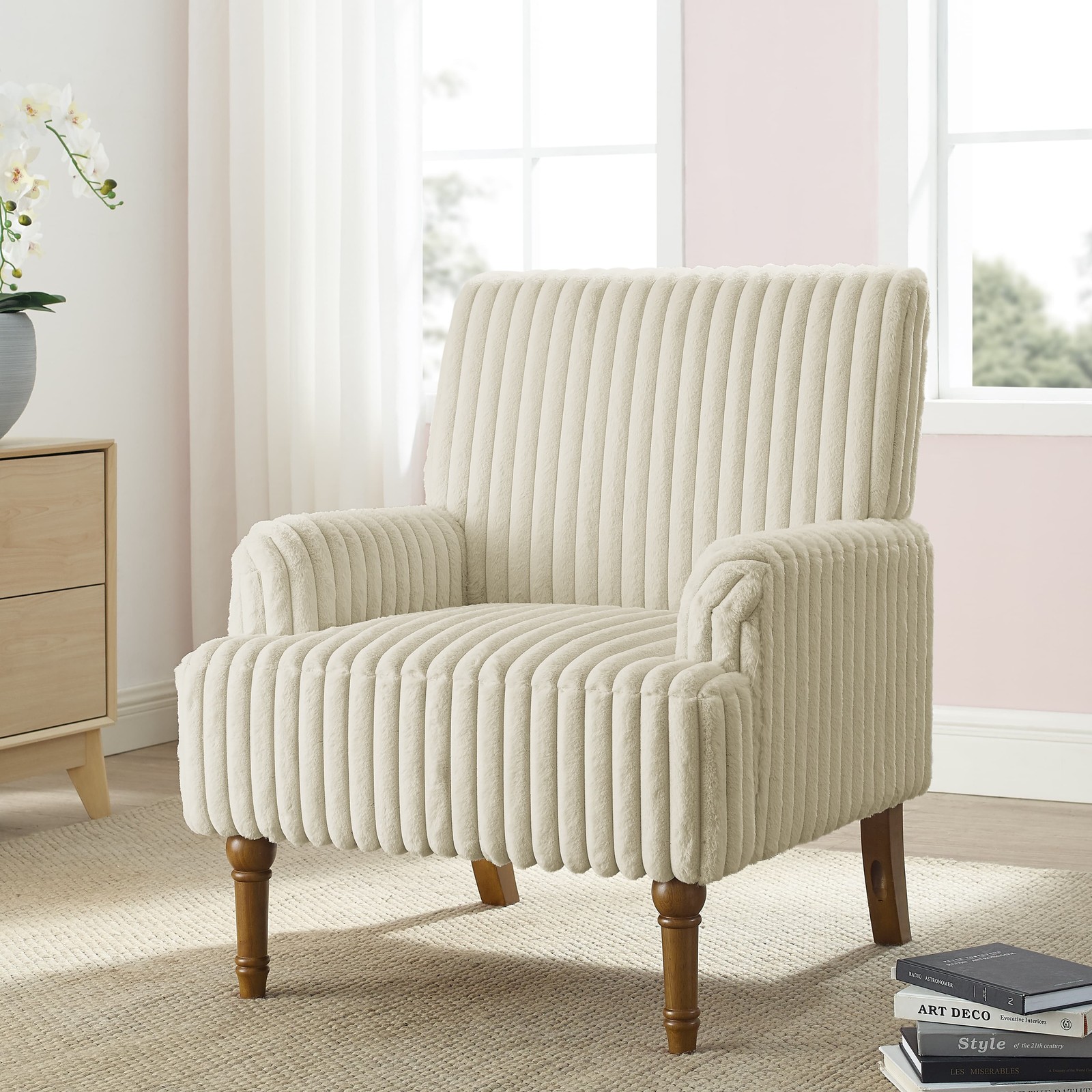 Beige Wide Wale Corduroy Accent Chair Modern Upholstered Armchair Wood Legs